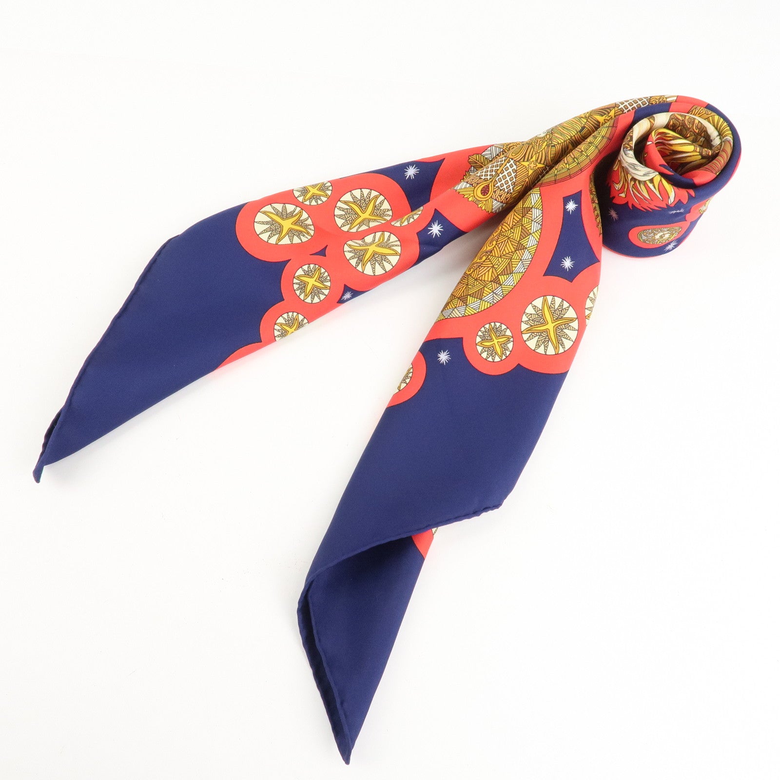 HERMES Pleats Carre Silk 100% Scarf Le Roy Soleil Navy Red Used