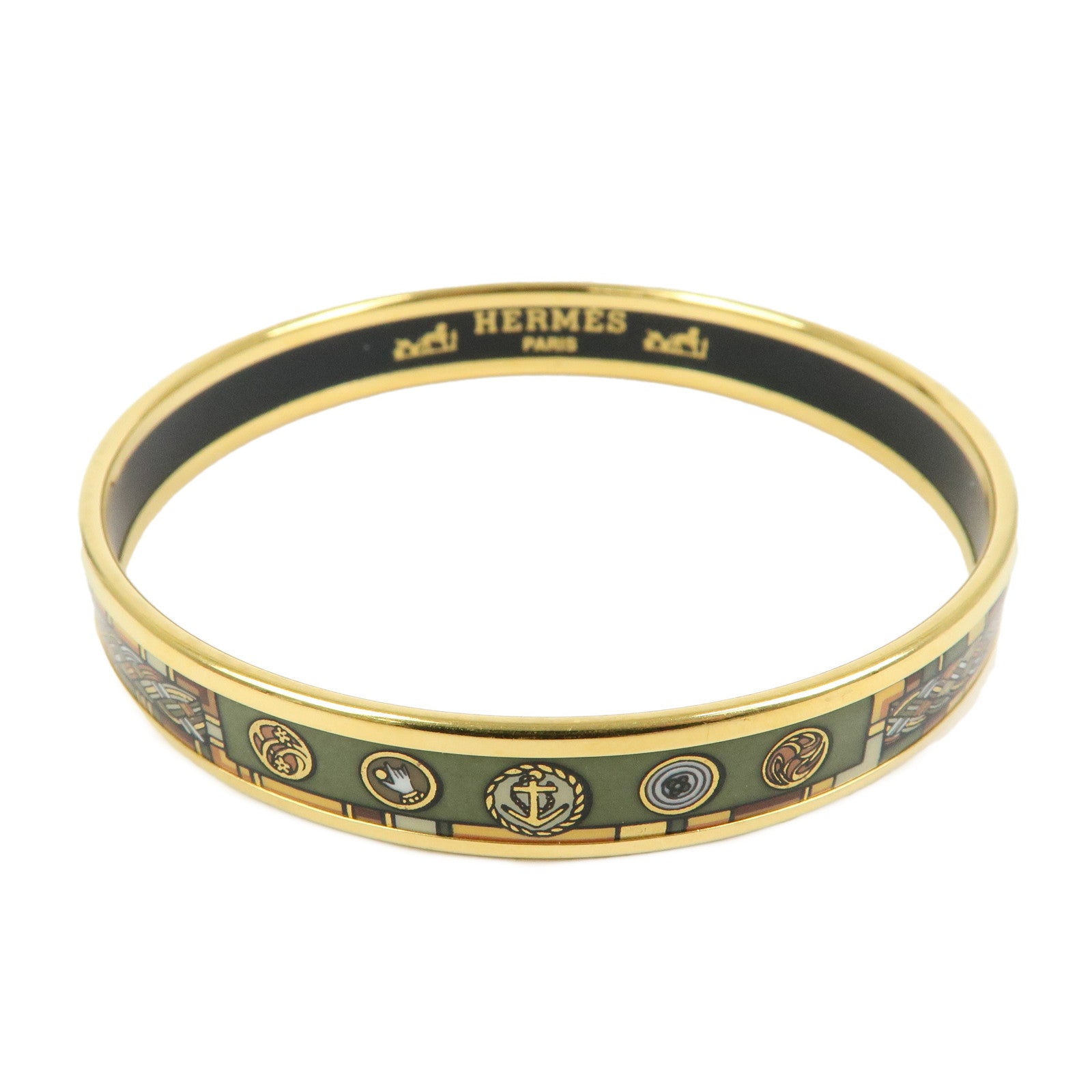 HERMES Email PM Gold Plated Bangle Bracelet Gold Green