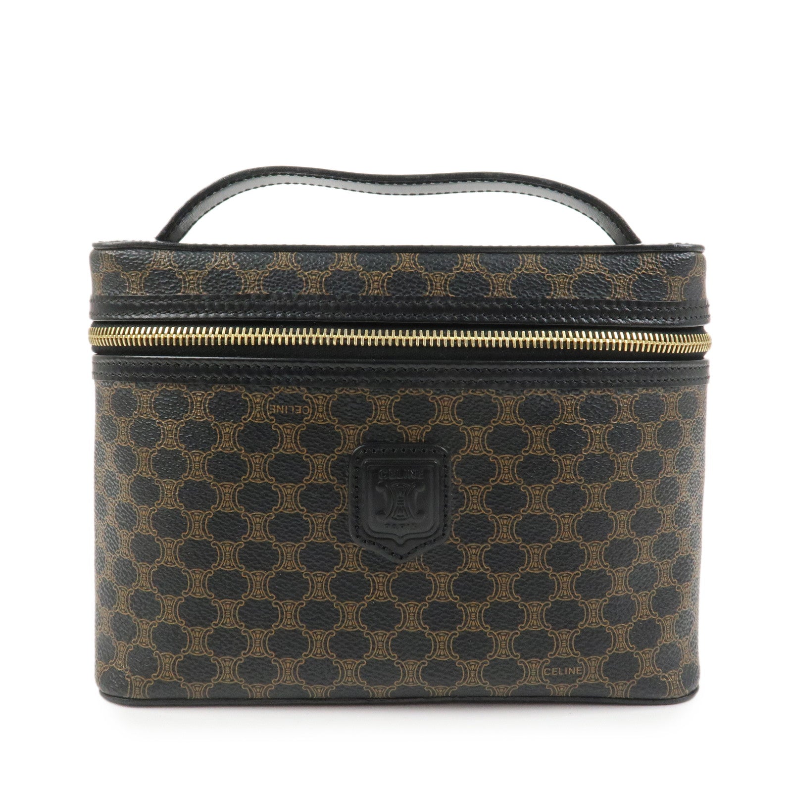 CELINE Macadam PVC Coating Canvas Leather Vanity Bag Hand Bag Black