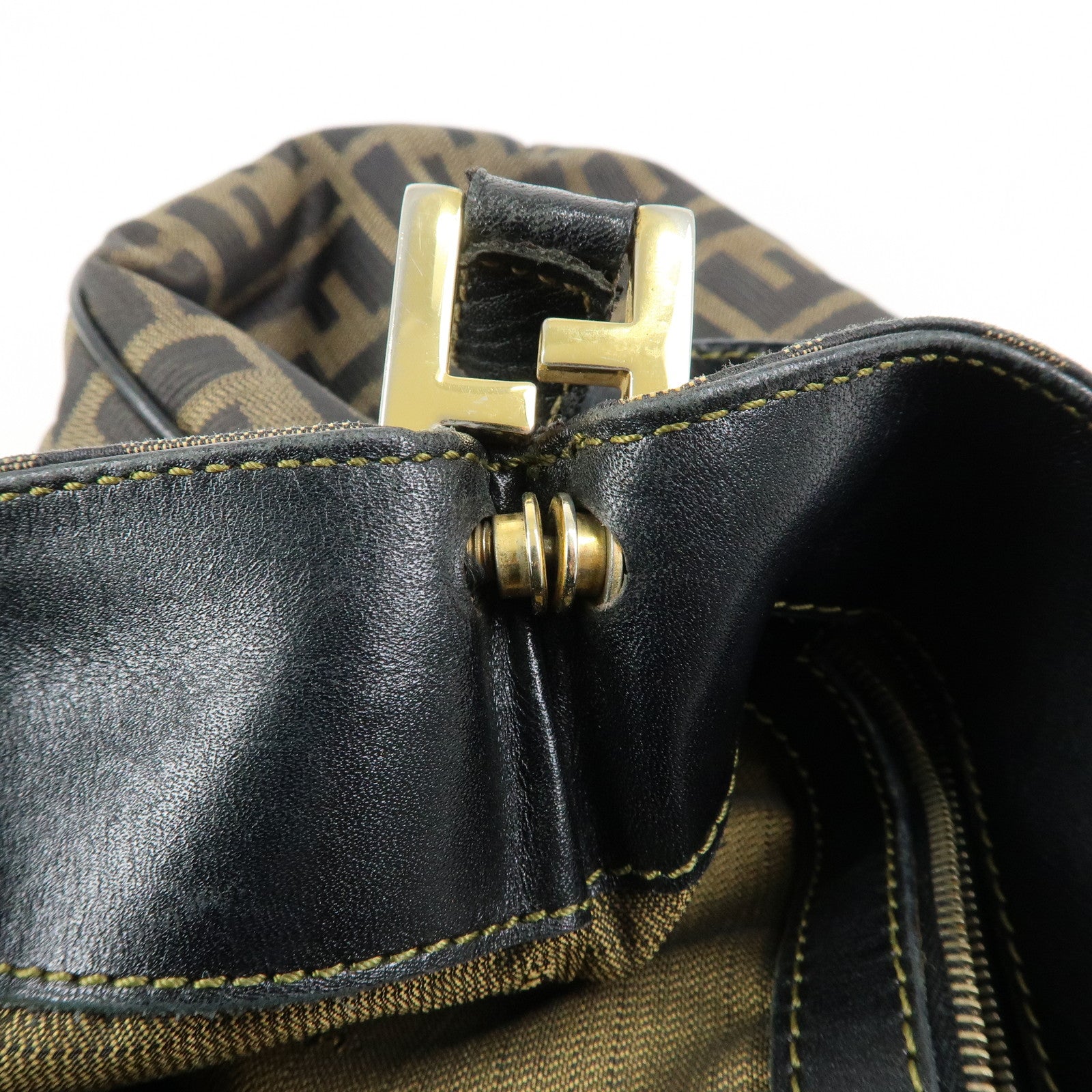 FENDI Zucca Canvas Leather Shoulder Bag Hand Bag Black Brown