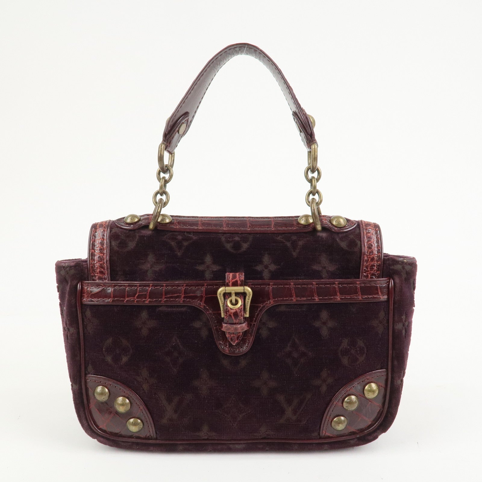 Louis Vuitton Monogram Vleur Velvet Leather Hand Bag Burgundy