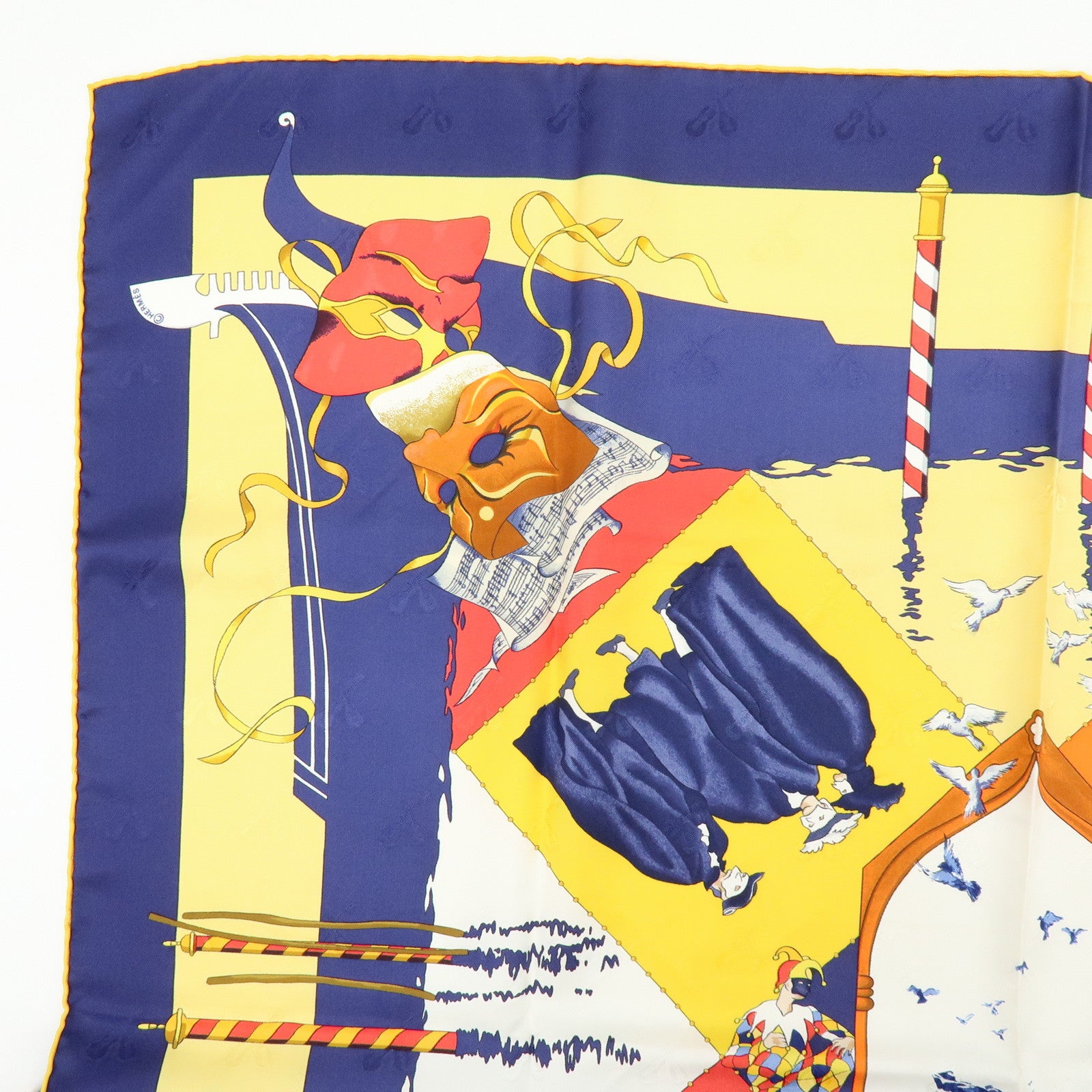 HERMES Carre 90 Silk 100% Scarf LE CARNAVAL DE VENISE Yellow Navy