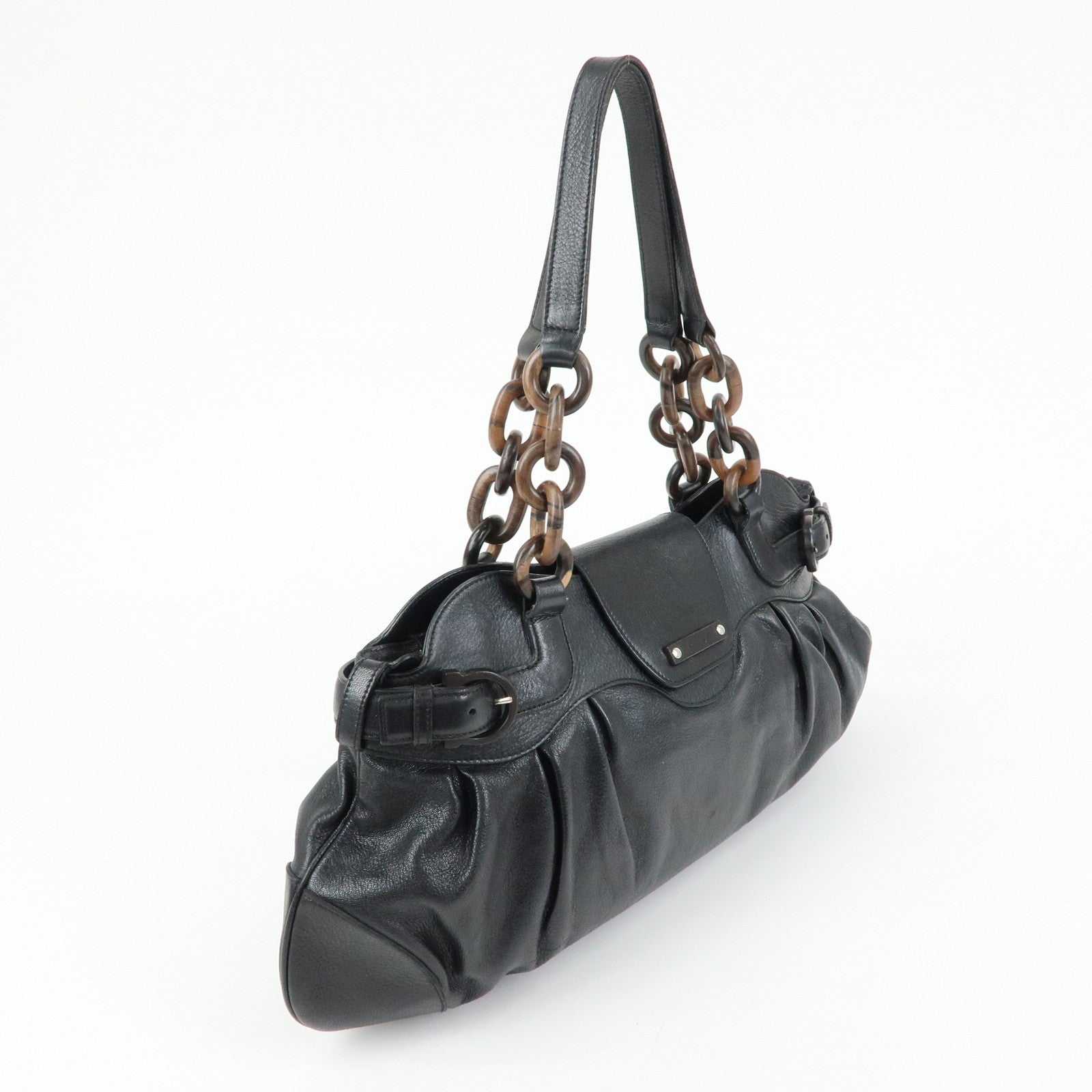 Ferragamo Gancini Leather Wood Shoulder Bag Hand Bag Black Brown