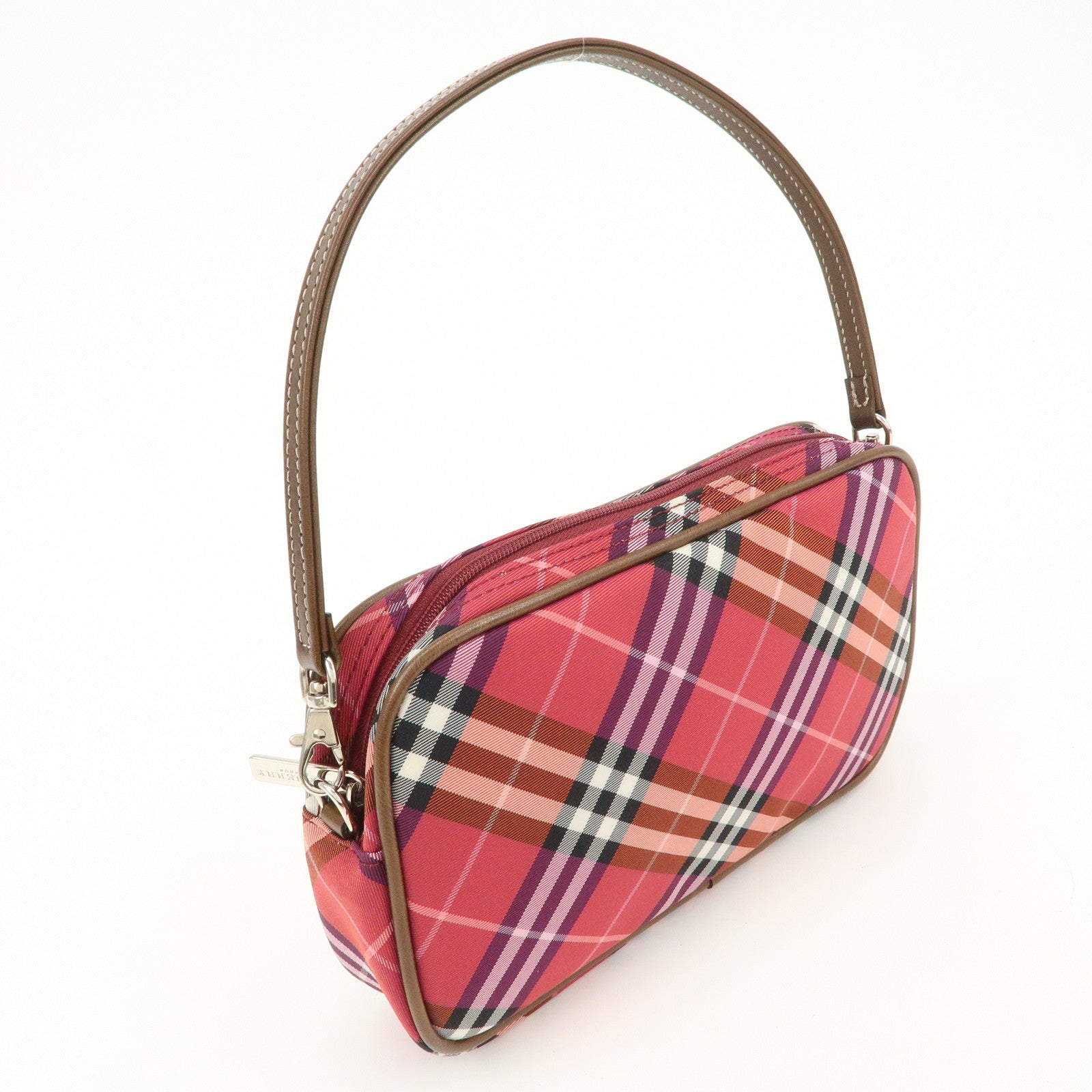 BURBERRY Cotton Leather Hand Bag Shoulder Bag Red Plaid Pattern
