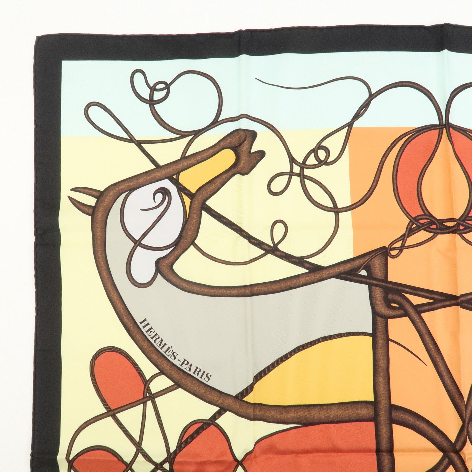 HERMES Carre 90 Silk 100% Coup de Fouet Scarf Black Multicolor