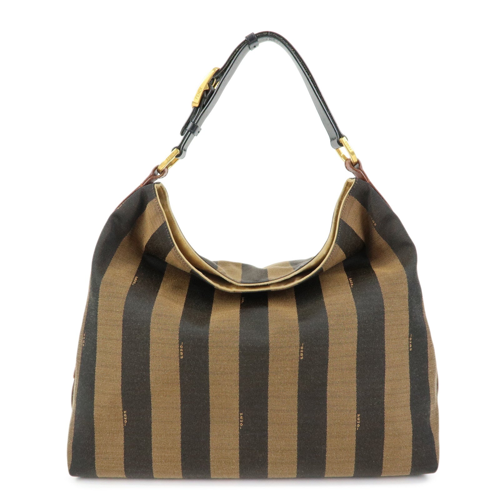 FENDI Pequin Canvas Leather Shoulder Bag Brown Black 8BR653