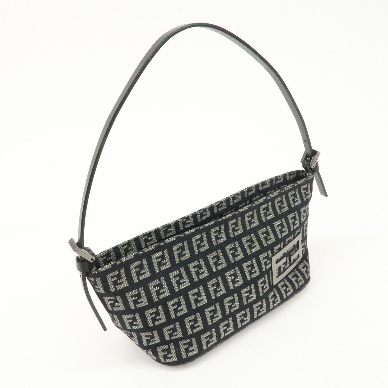 FENDI Zucchino Canvas Leather Shoulder Bag Black 266360 Used