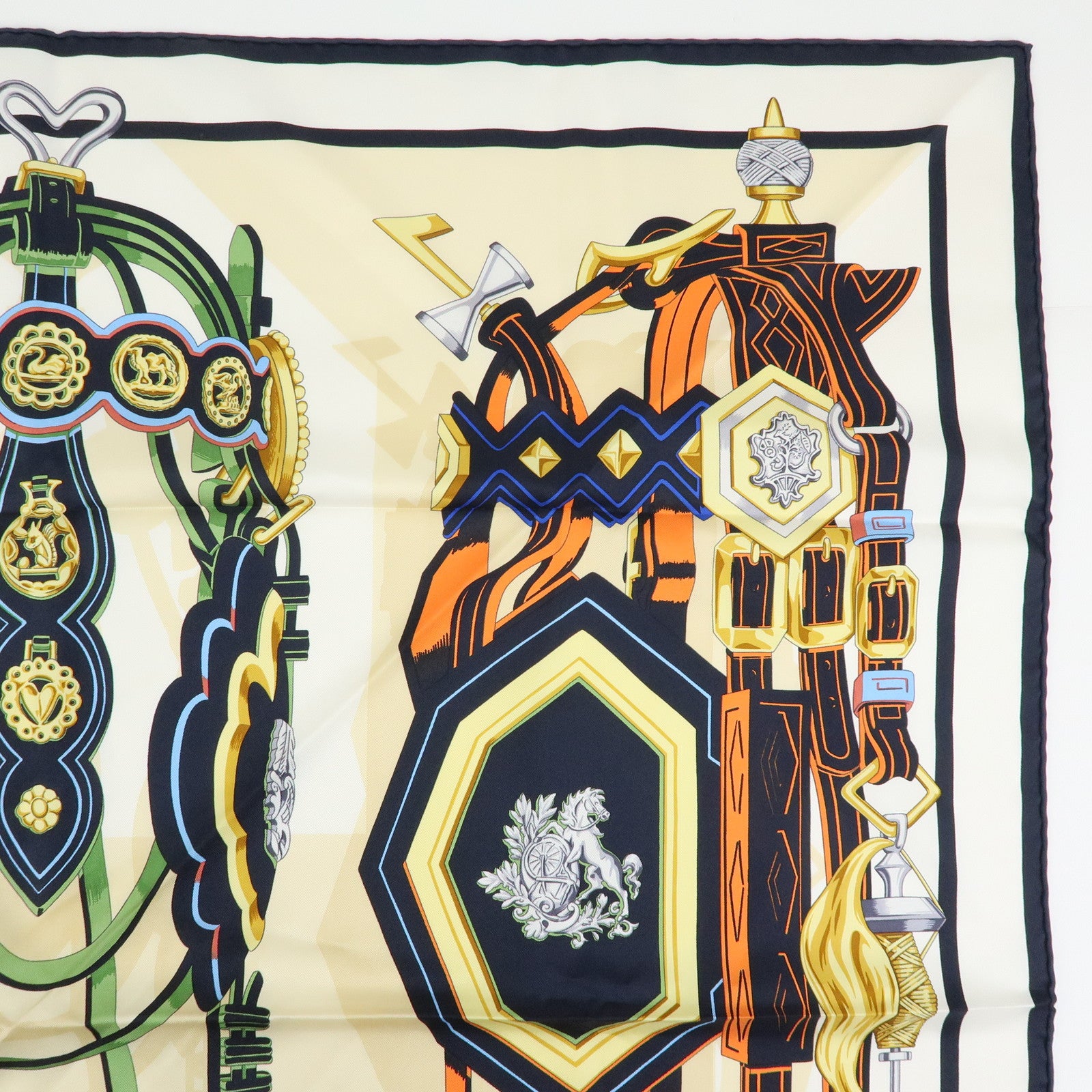 HERMES Carre 90 Silk 100% Scarf BRIDES ET DESTIN Beige Black Gold