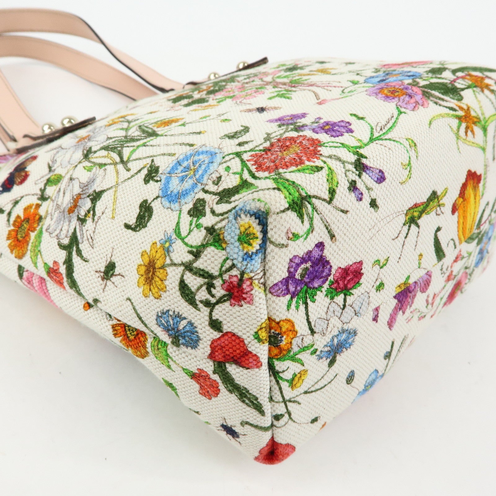 GUCCI Flora Flower Motif Canvas Leather Tote Bag White Pink 240018