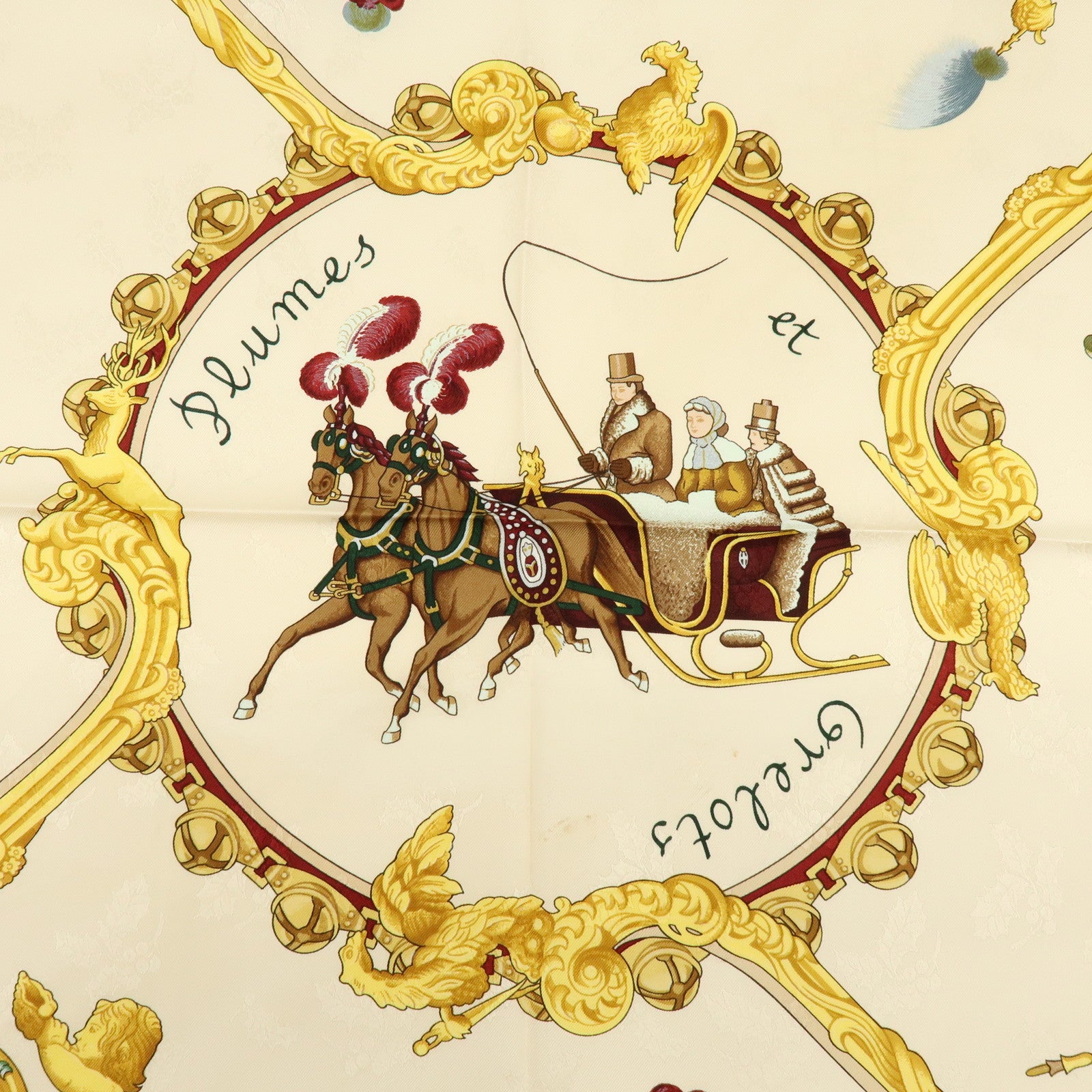 HERMES Carre 90 100% Silk Scarf Plumes et Grelots Moss Green Beige