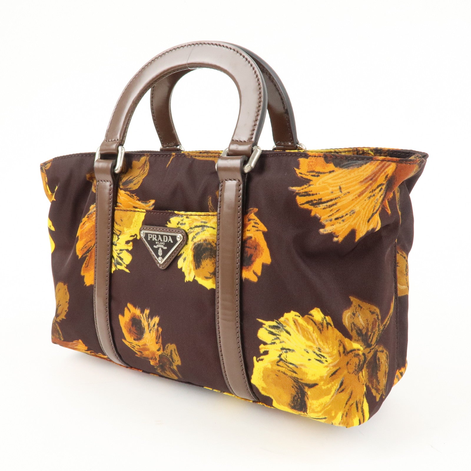 PRADA Triangle Logo 2Way Hand Bag Shoulder Bag Brown Yellow BN1052 Used