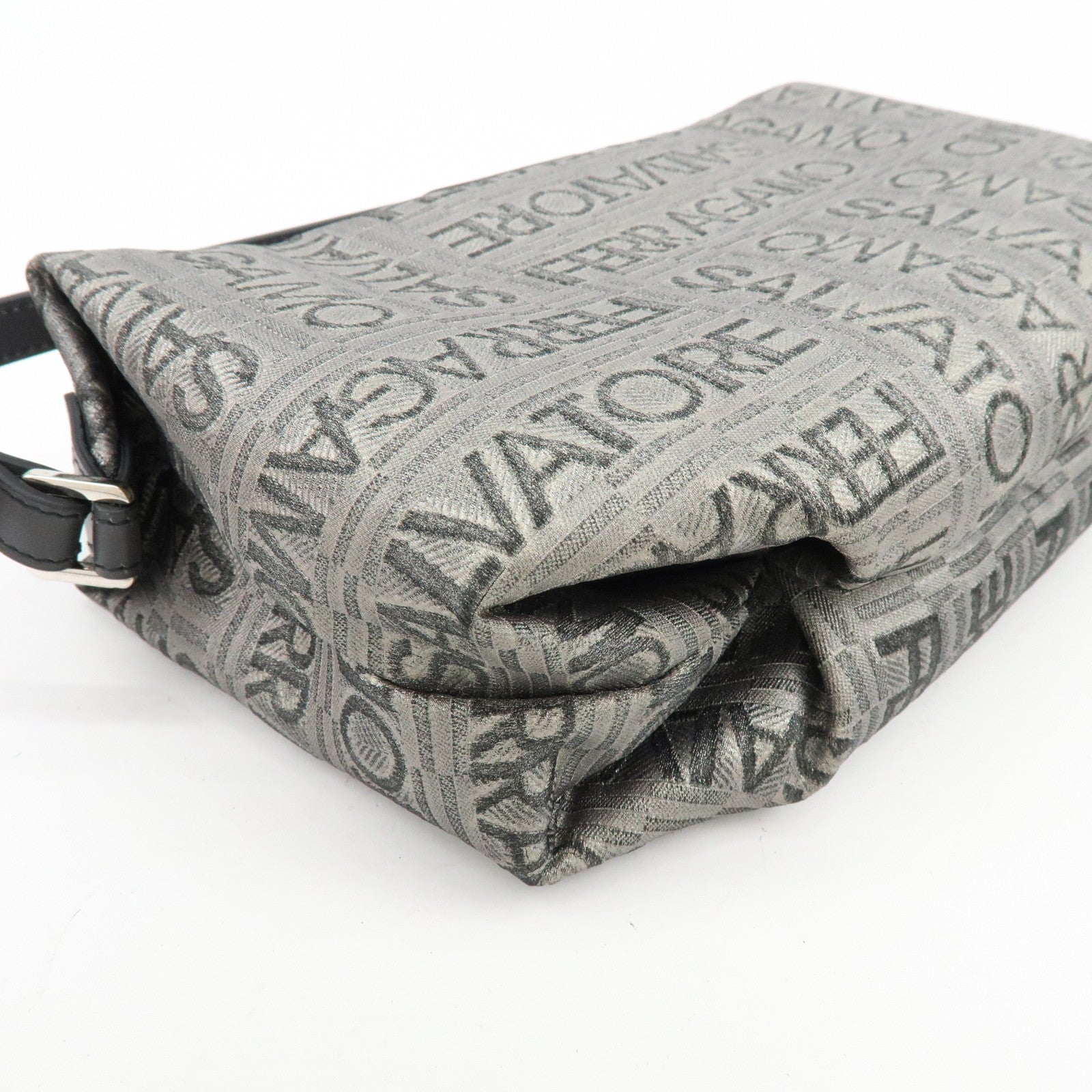 Ferragamo Gancini Logo Canvas Leather Hand Bag Pouch Silver Black