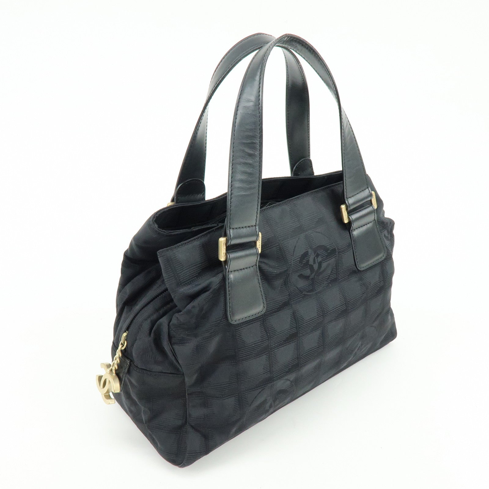 CHANEL New Travel Line Nylon Jacquard Leather Hand Bag Black