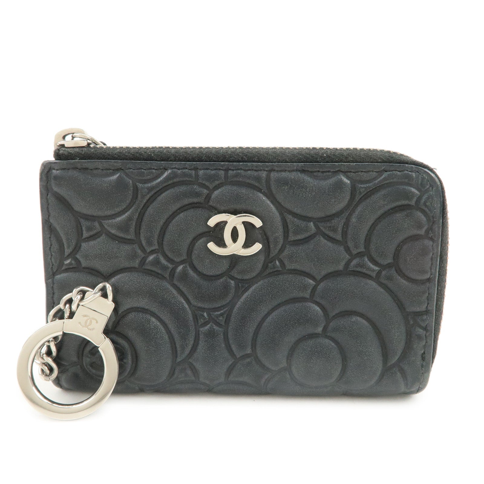 CHANEL Camellia Lamb Skin Coin Case Coin Purse Black