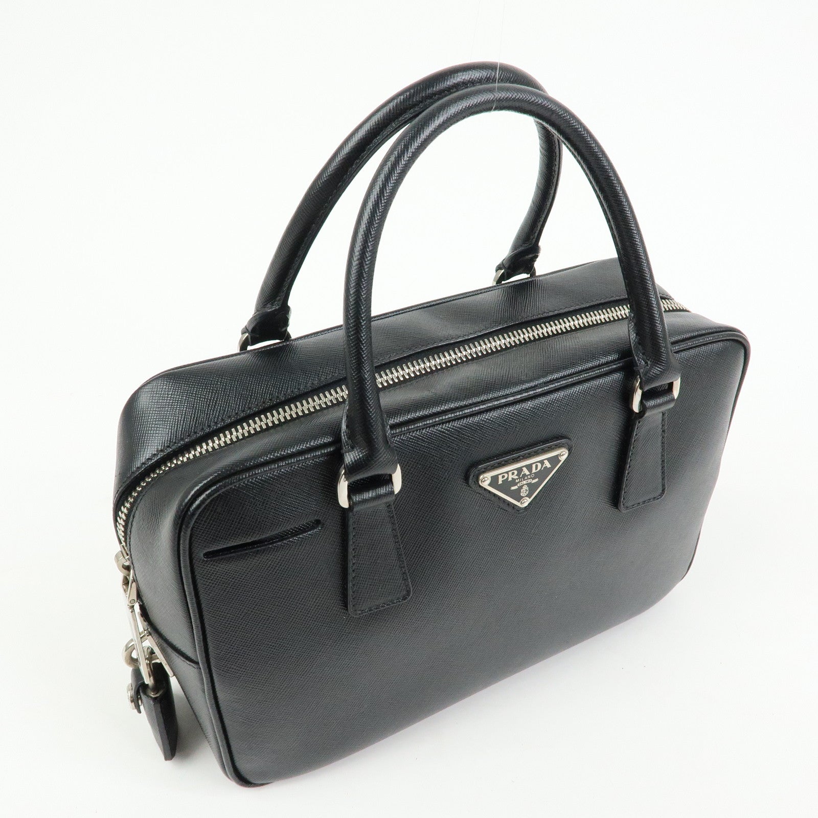 PRADA Triangle Logo Saffiano Leather Hand Bag Boston Bag Black