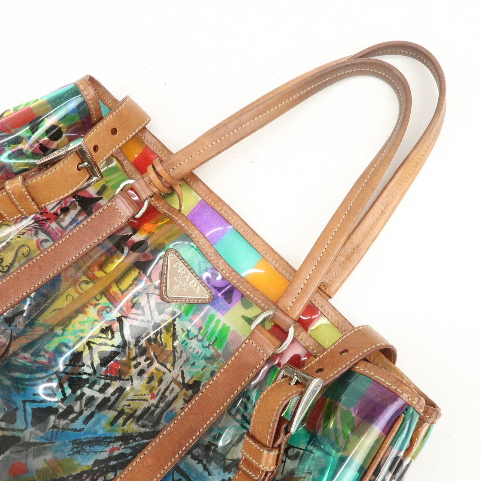 PRADA Venetian Print PVC Leather Tote Bag Clear Multicolor BR2515