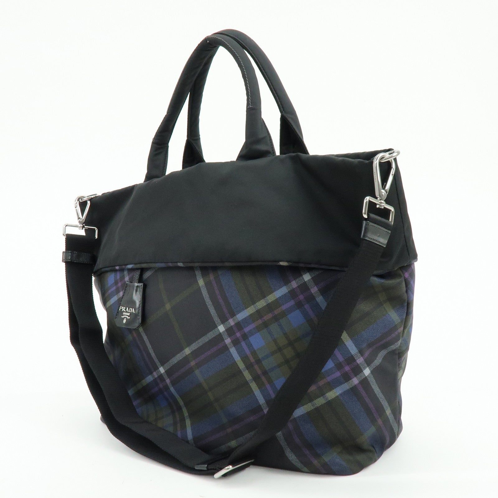 PRADA Triangle Logo Plaid Nylon Leather 2Way Bag Hand Shoulder Bag
