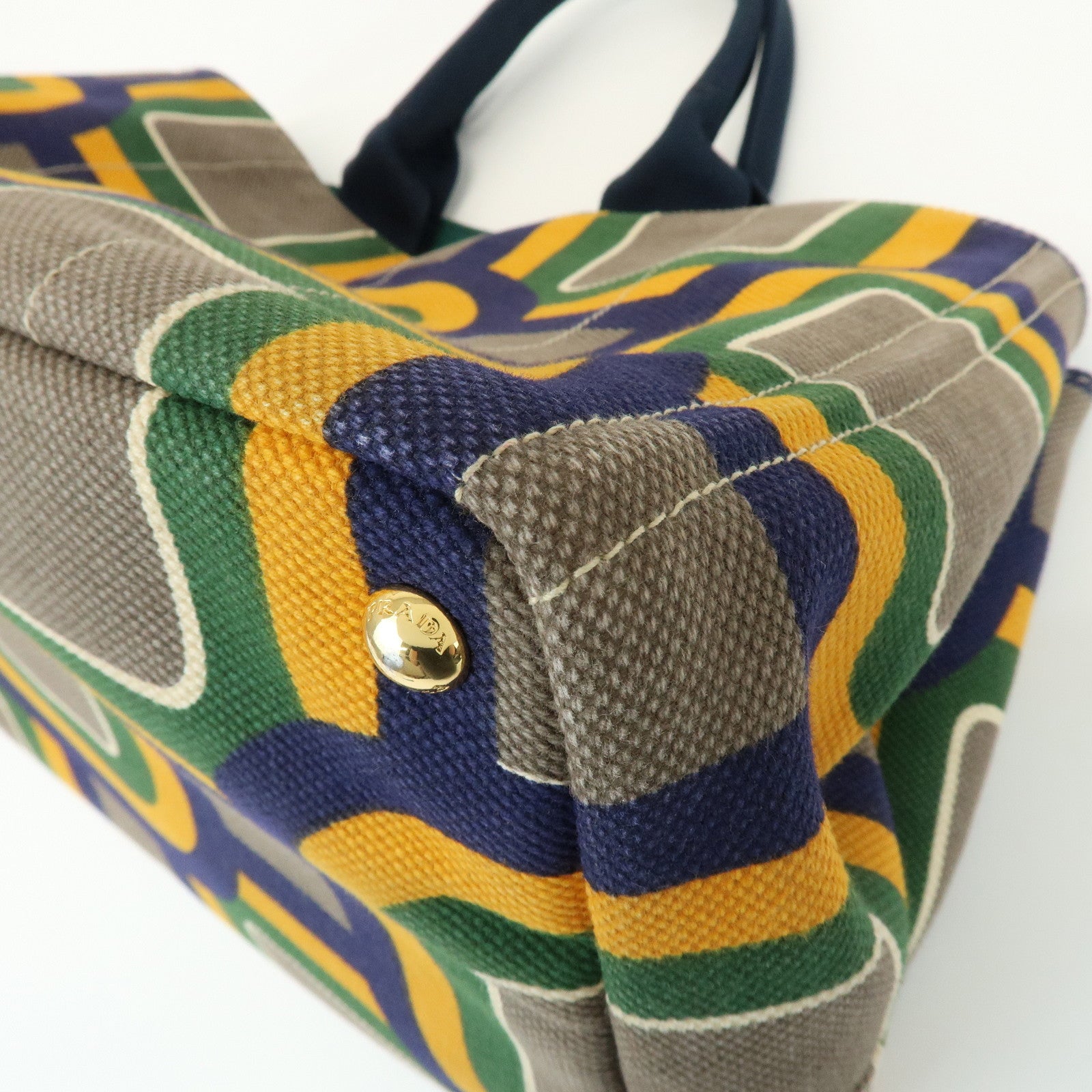 PRADA Canapa Large Tote Bag Hand Bag Green Yellow Navy BN1872