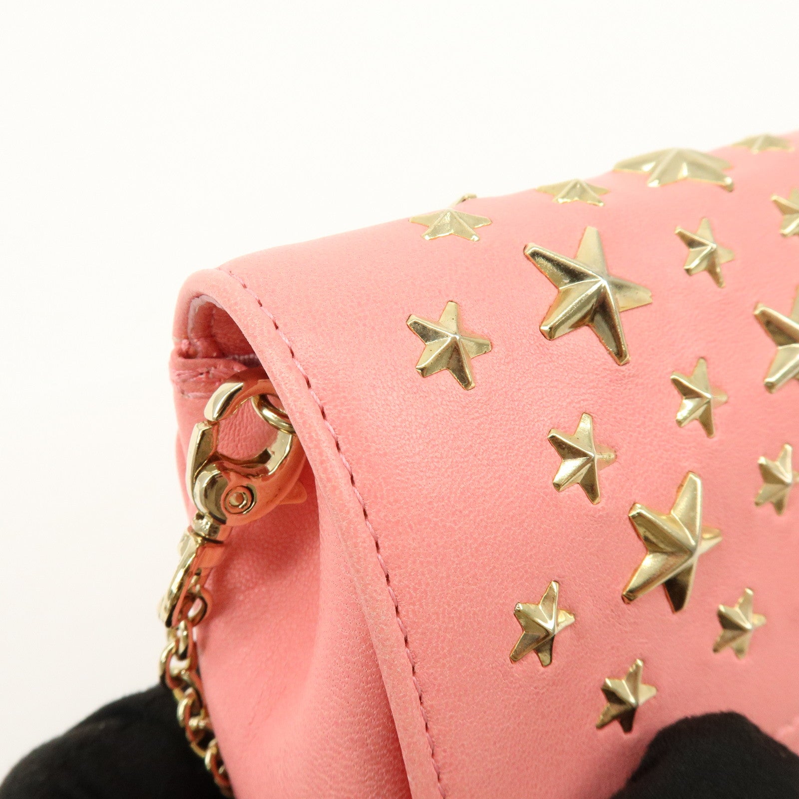 JIMMY CHOO Studs Leather Chain Shoulder Bag Crossbody Bag Pink