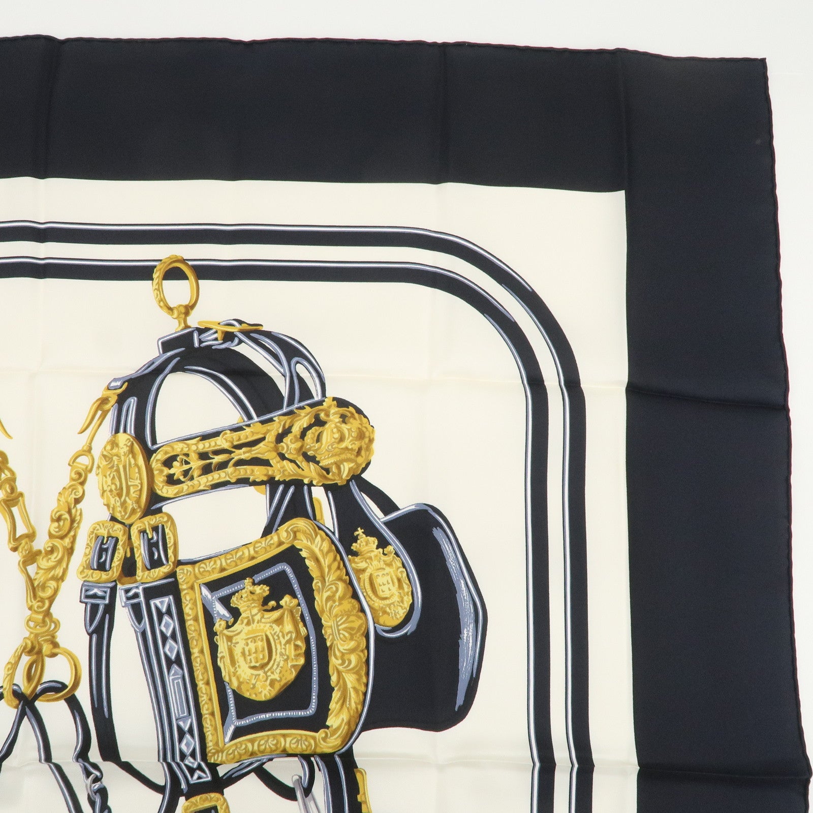 HERMES Carre 90 Silk 100% BRIDES DE GALA Scarf Black Gold