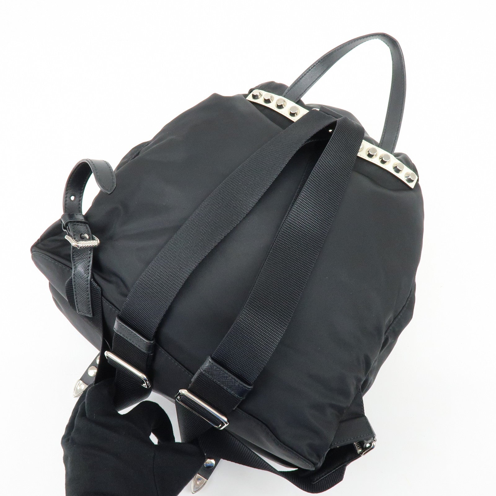 PRADA Triangle Logo Nylon Leather Backpack Studs Black Red1BZ811