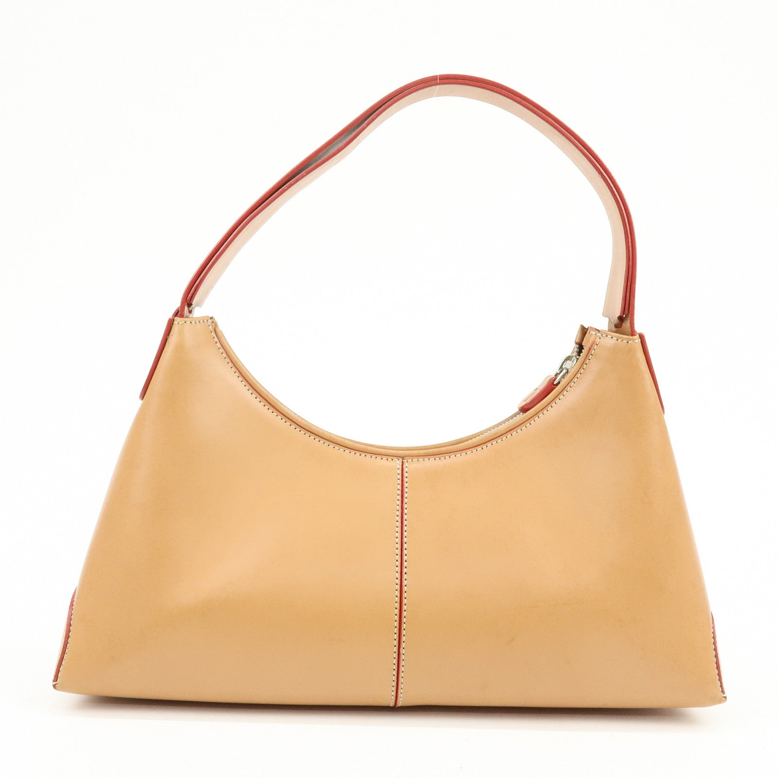 TOD'S Leather Stitched Shoulder Bag Hand Bag Camel
