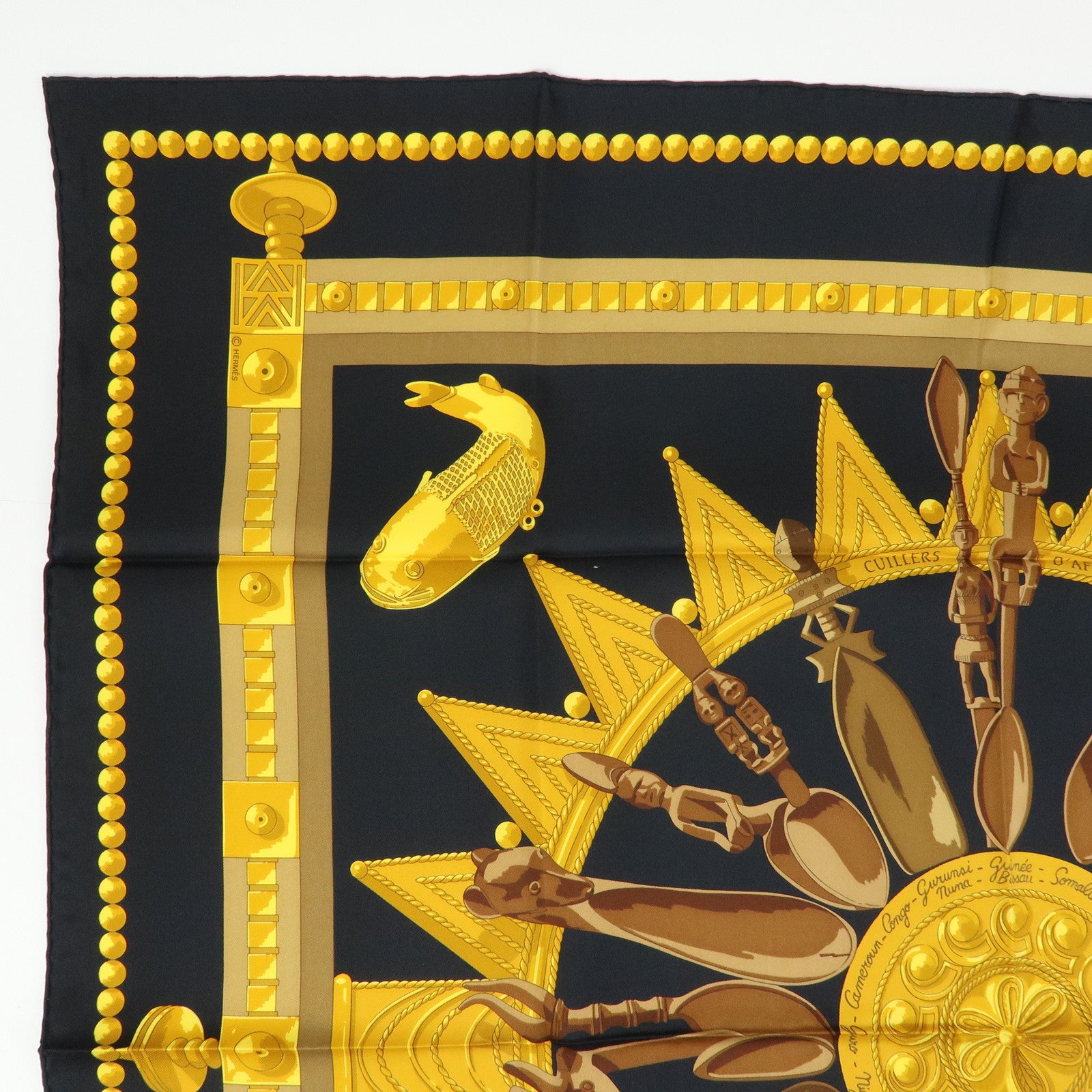 HERMES Carre 90 Silk 100% Scarf CUILLERS D'AFRIQUE Black Gold