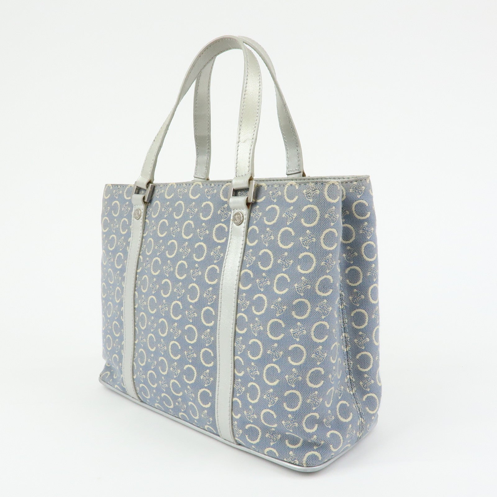 CELINE C Macadam Canvas Leather Tote Bag Hand Bag Light Blue Silver