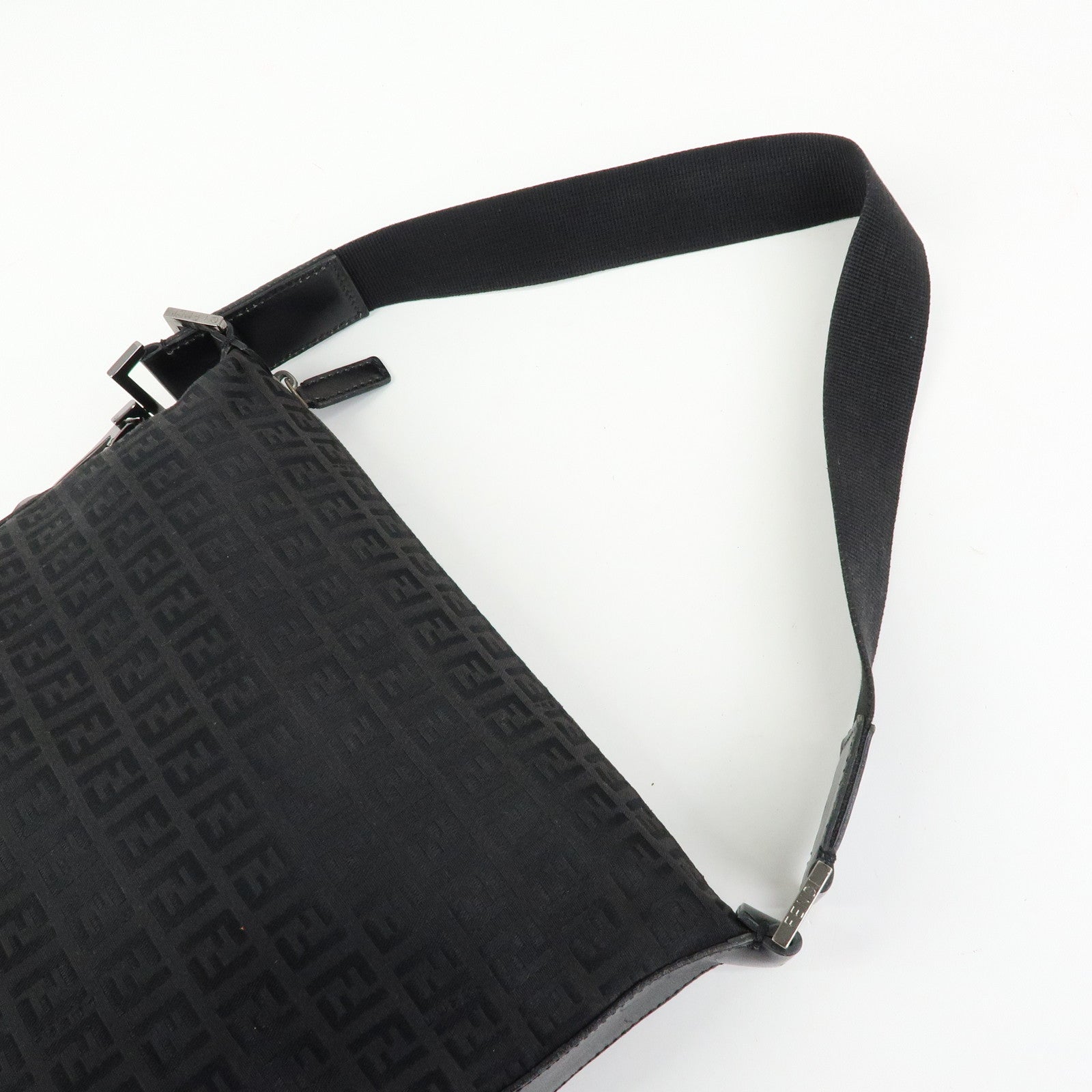 FENDI Zucchino Canvas Leather Shoulder Bag Black 7VA004