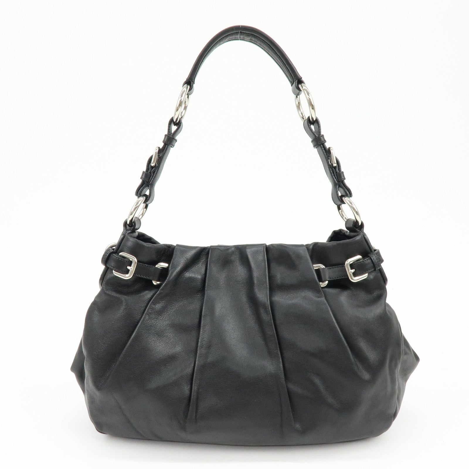 PRADA Logo Soft Calf Leather Side Belted Shoulder Bag Black BR3975