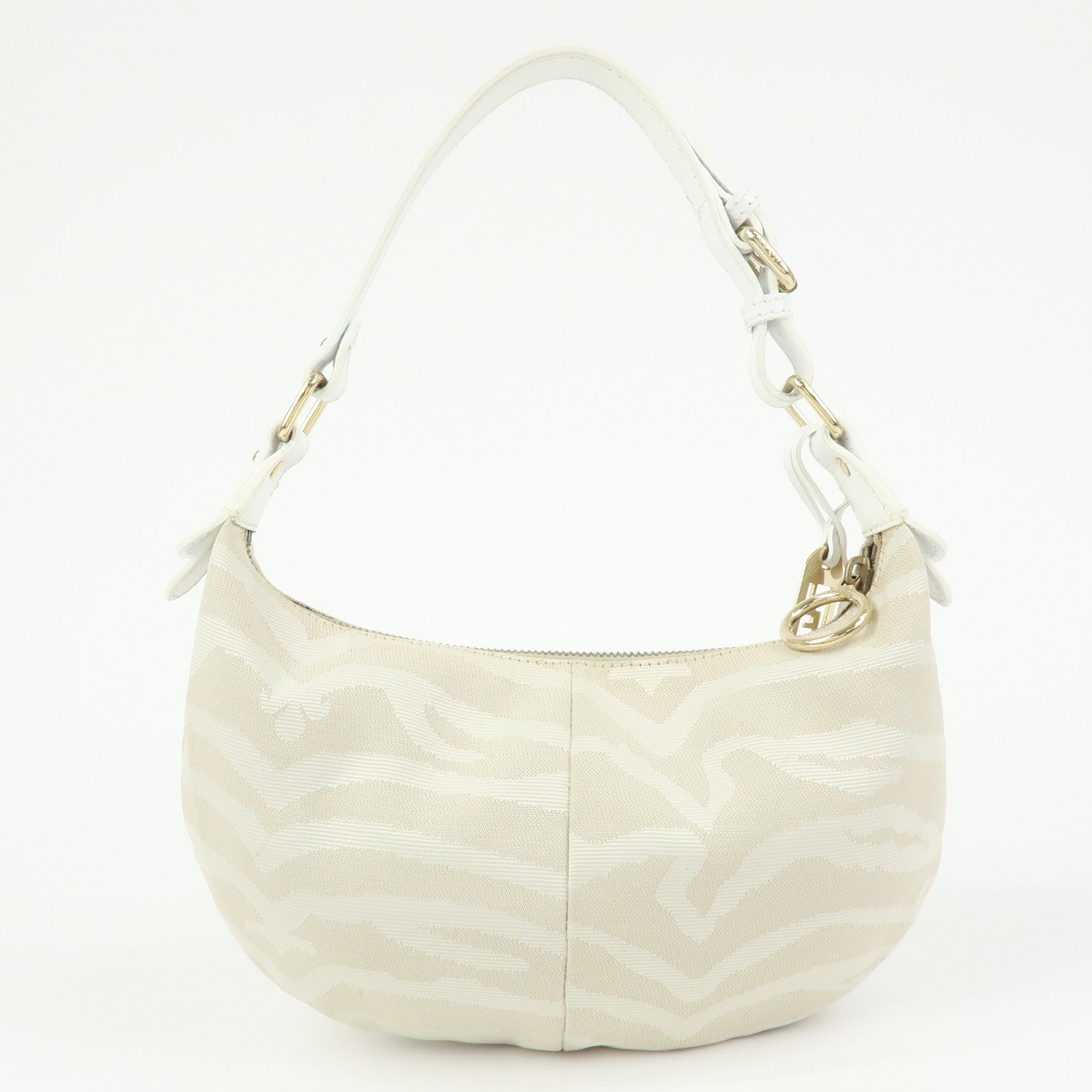 FENDI Canvas Leather Hand Bag Shoulder Bag Light Beige White 8BR391