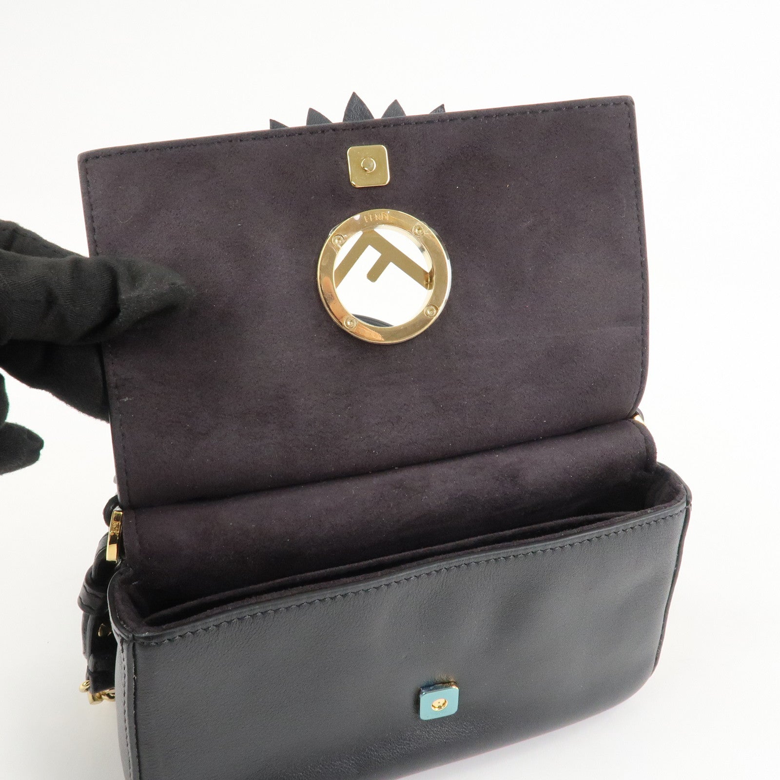 FENDI Leather Double Micro Baguette Shoulder Hand Bag Black 8M0371