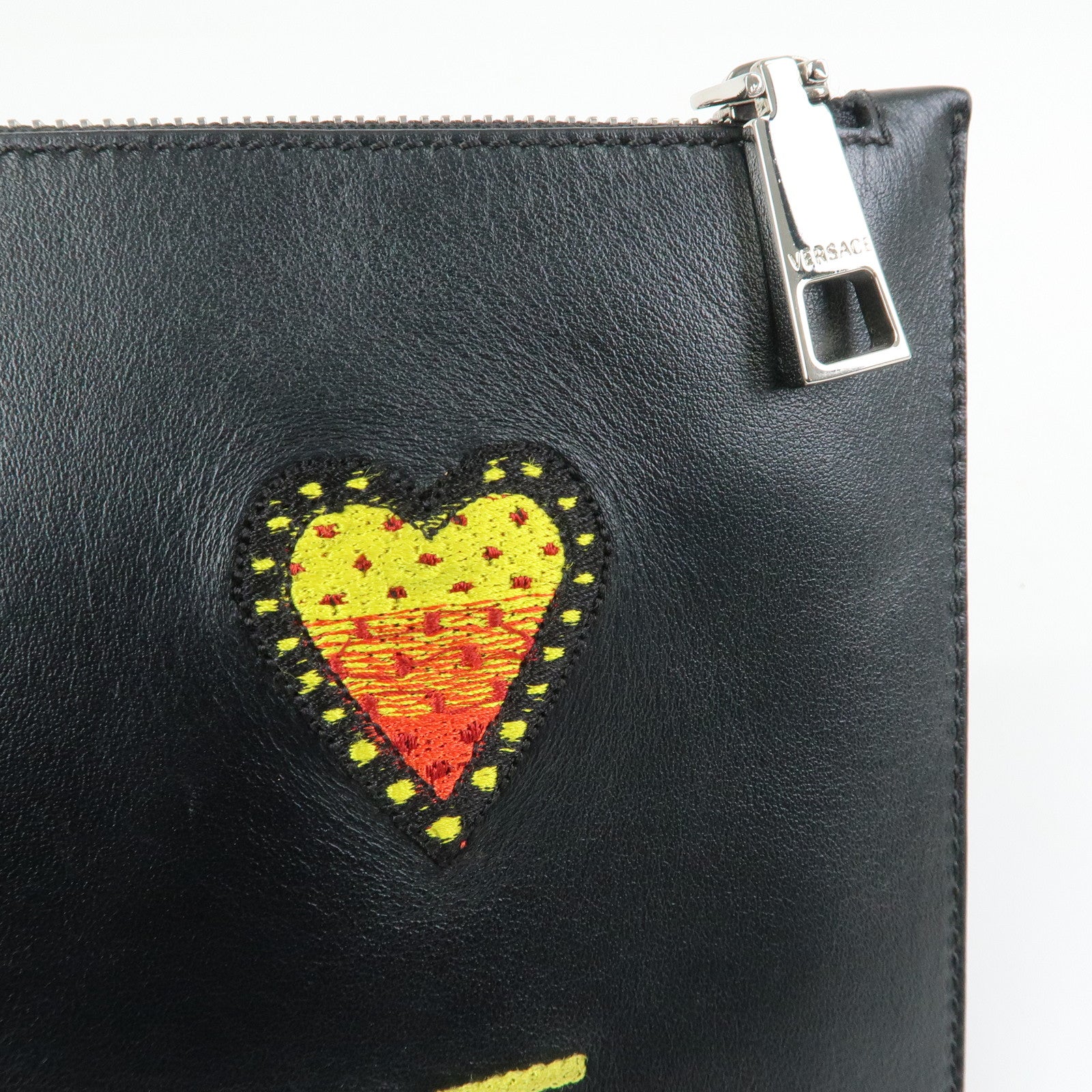 VERSACE Logo Leather Heart Wrist Bag Clutch Bag Black Multicolor