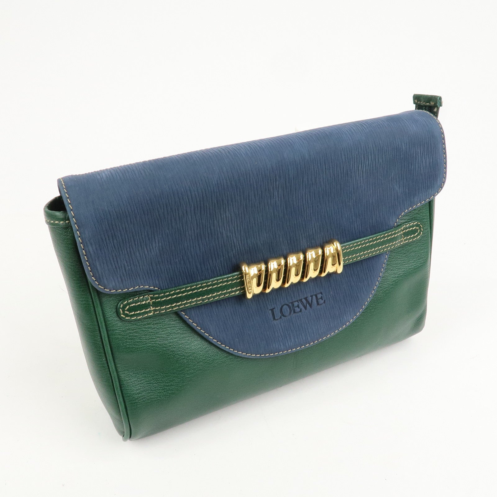 LOEWE Velazquez Suede Leather Clutch Bag Green Blue Gold HDW