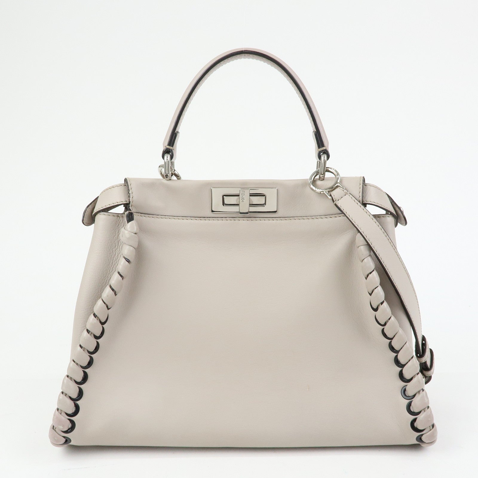 FENDI Peekaboo Leather 2Way Bag Hand Bag Shoulder Bag Gray 8BN290