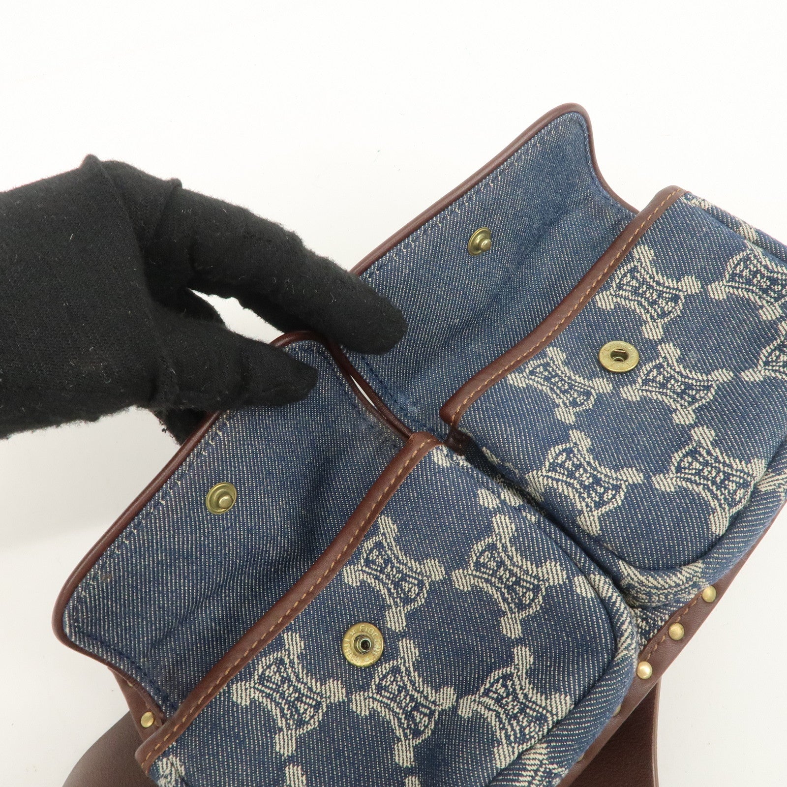 CELINE Macadam Waist Bag Denim Navy Dark Brown Gold HDW Used