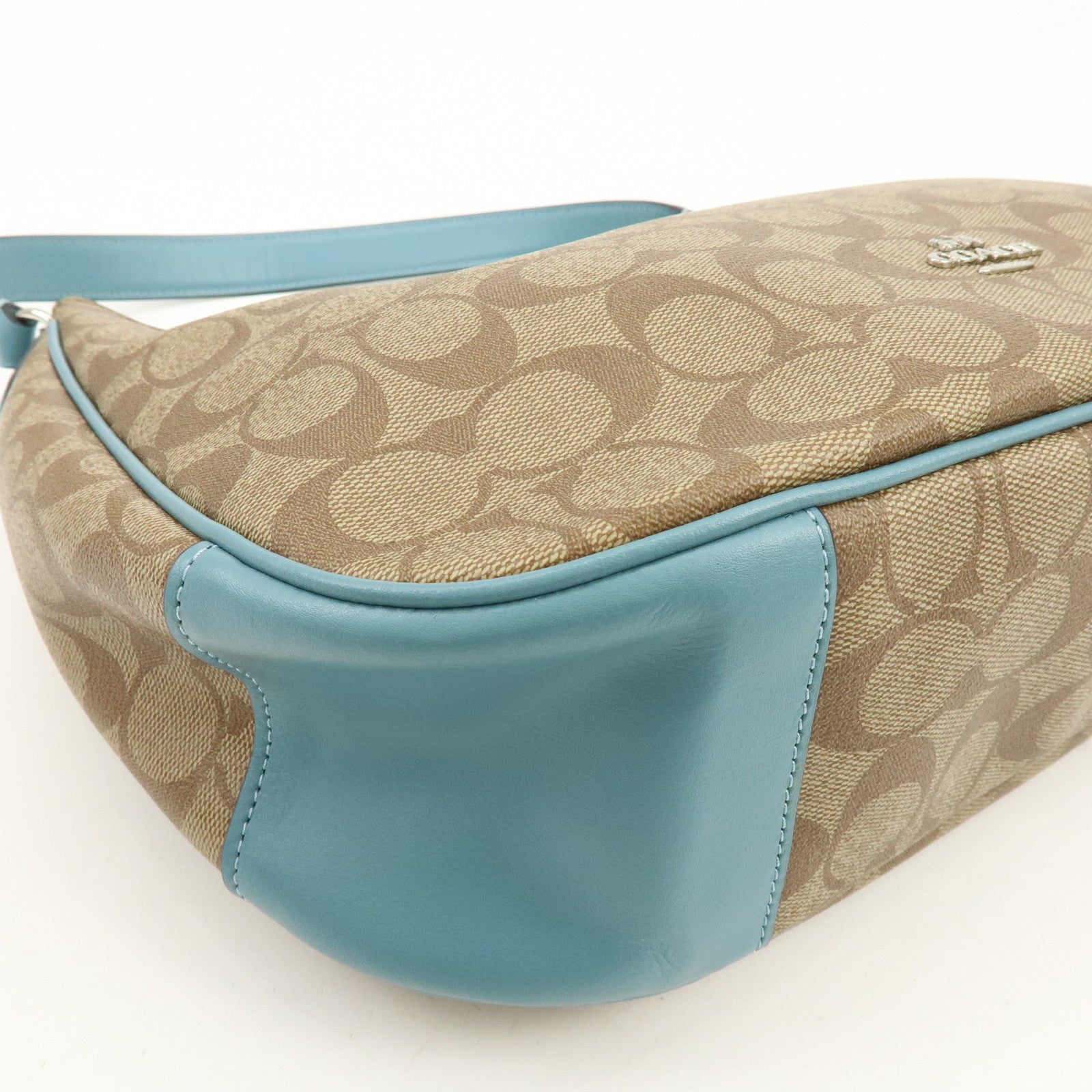 COACH Signature PVC Coated Canvas Leather Shoulder Bag Beige Blue