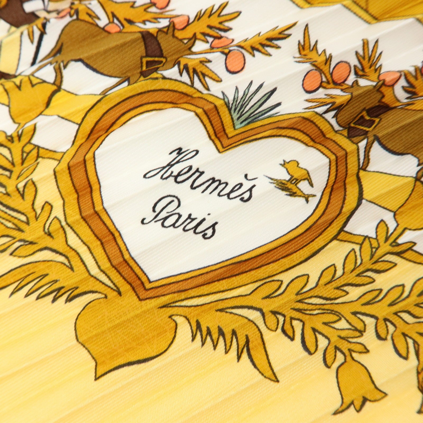 HERMES Pleated Carre 90 Silk 100% Scarf DECOUPAGES Yellow Brown
