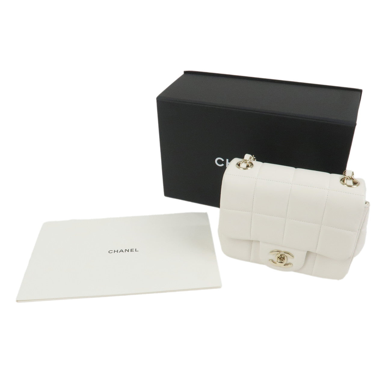 CHANEL Chocolate Bar Lamb skin White   Gold -