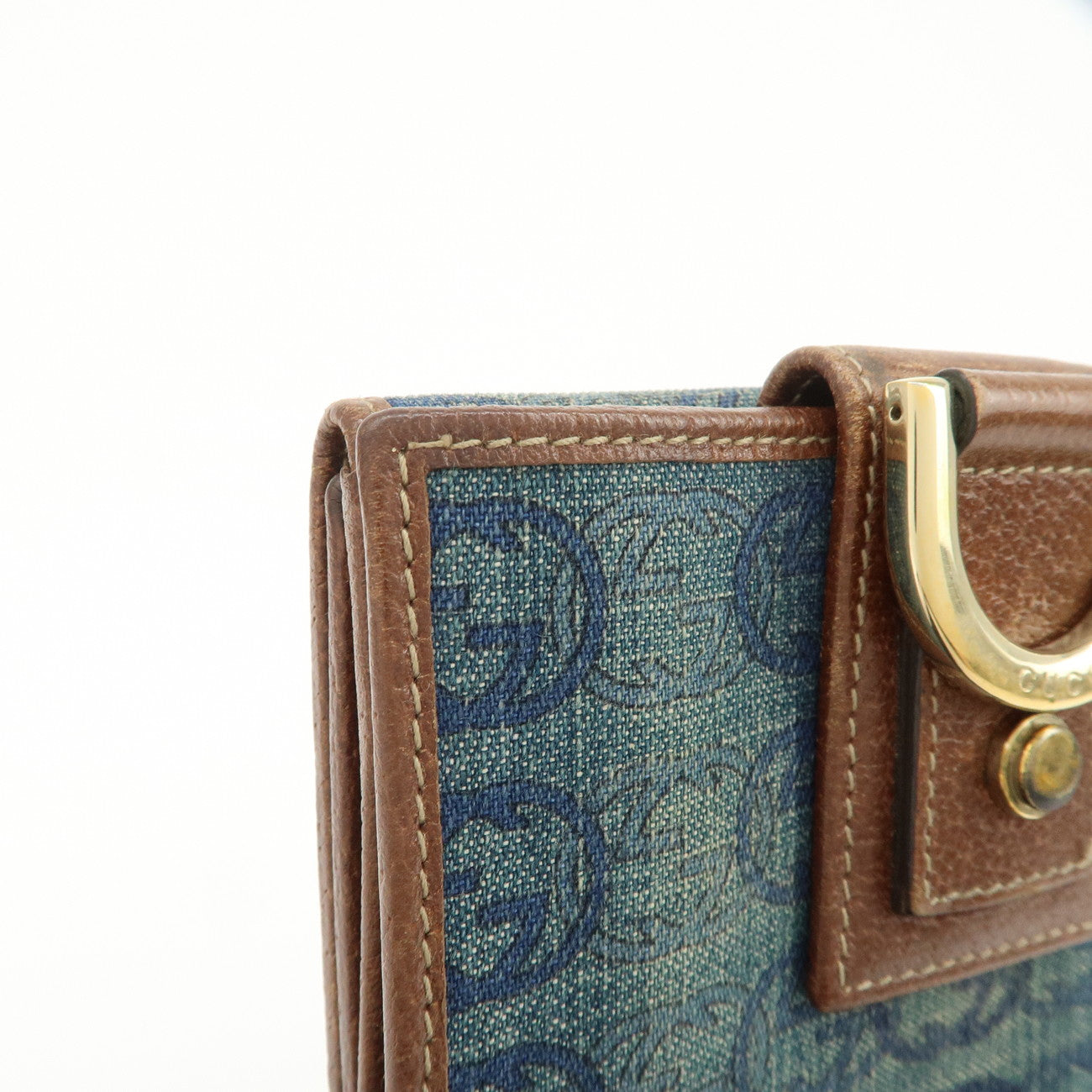 GUCCI Denim Leather Bi-Fold Compact Wallet Blue Brown
