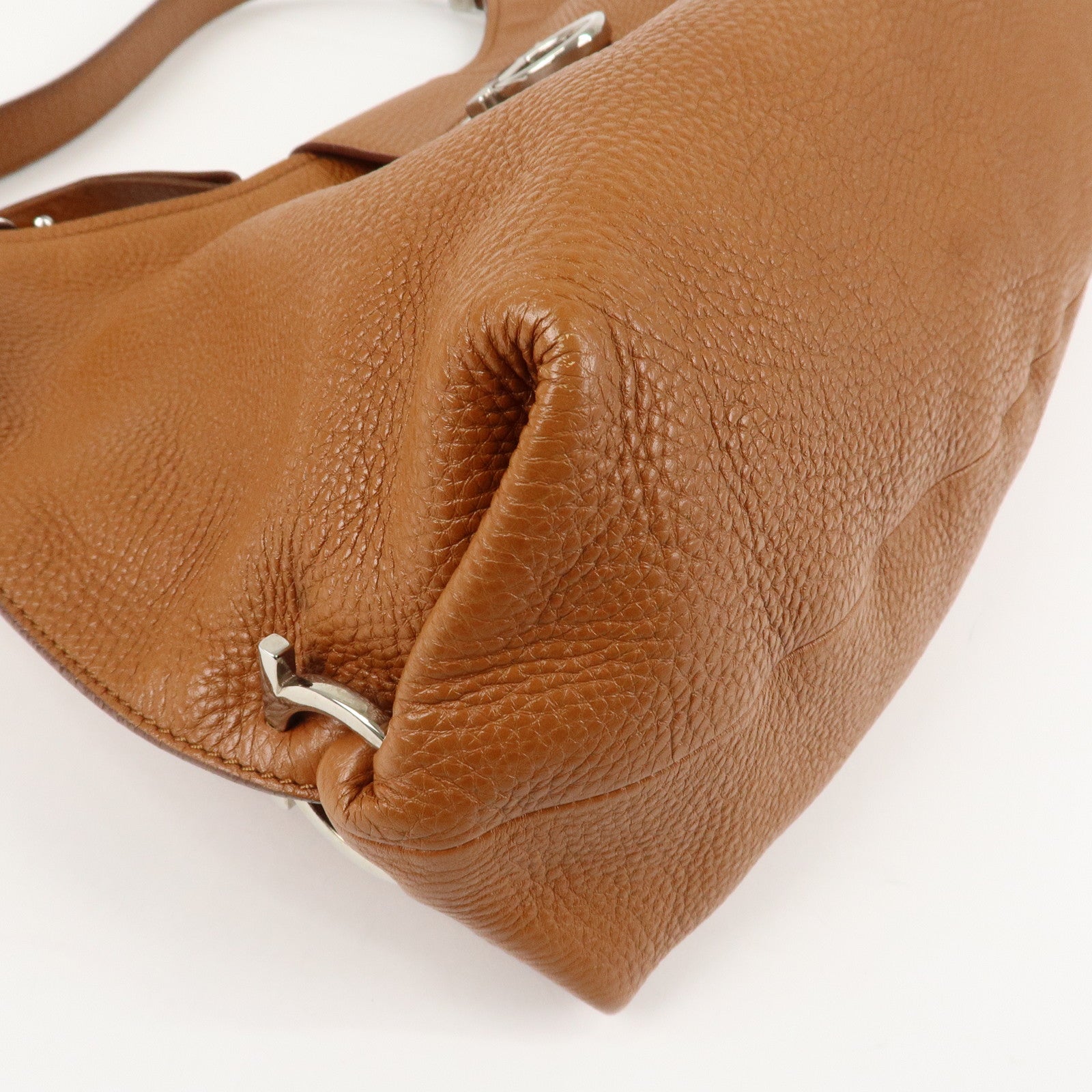 Ferragamo Gancini Leather Shoulder Bag Brown Silver Hardware Used