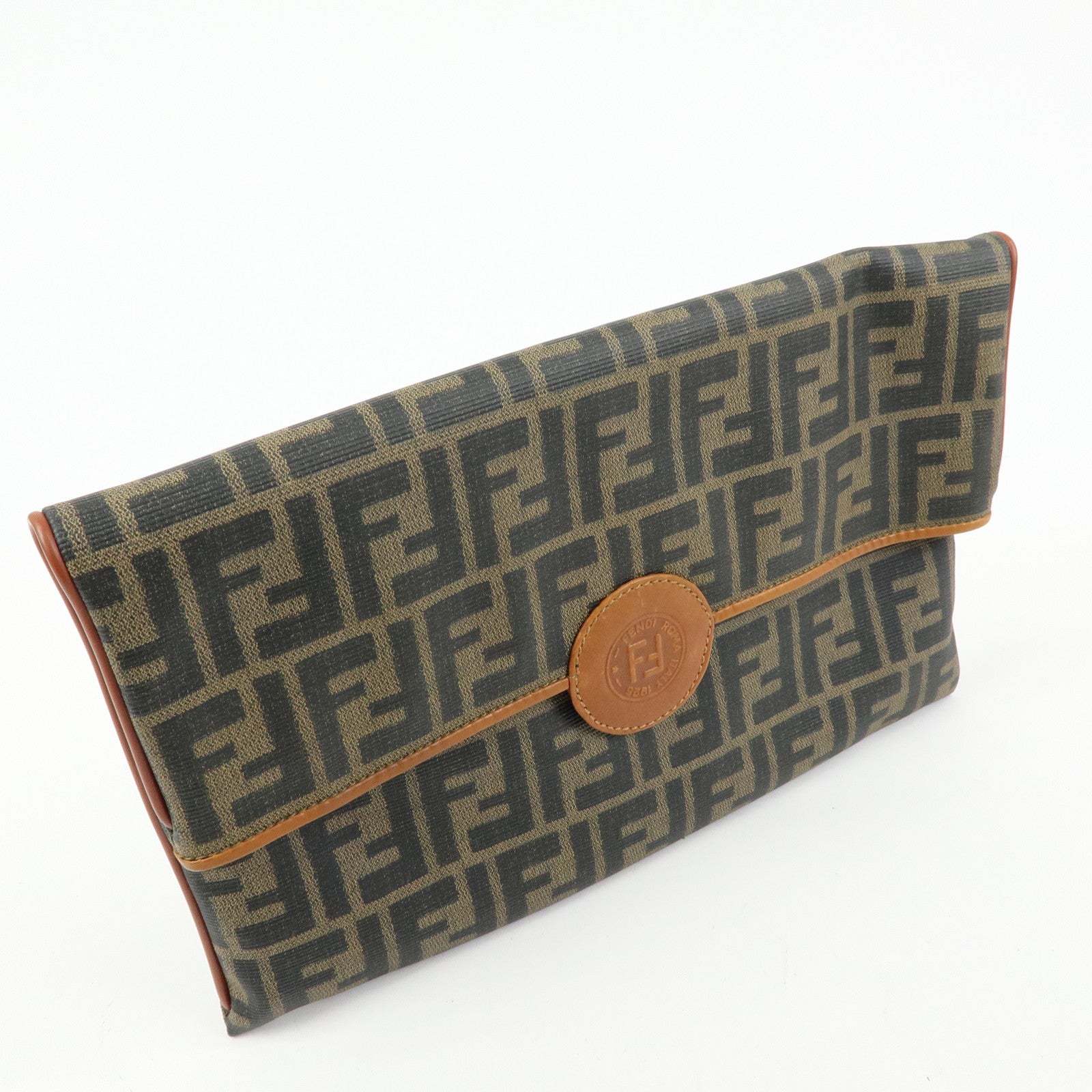 FENDI Zucca PVC Coated Canvas Leather Clutch Bag Brown 2487133