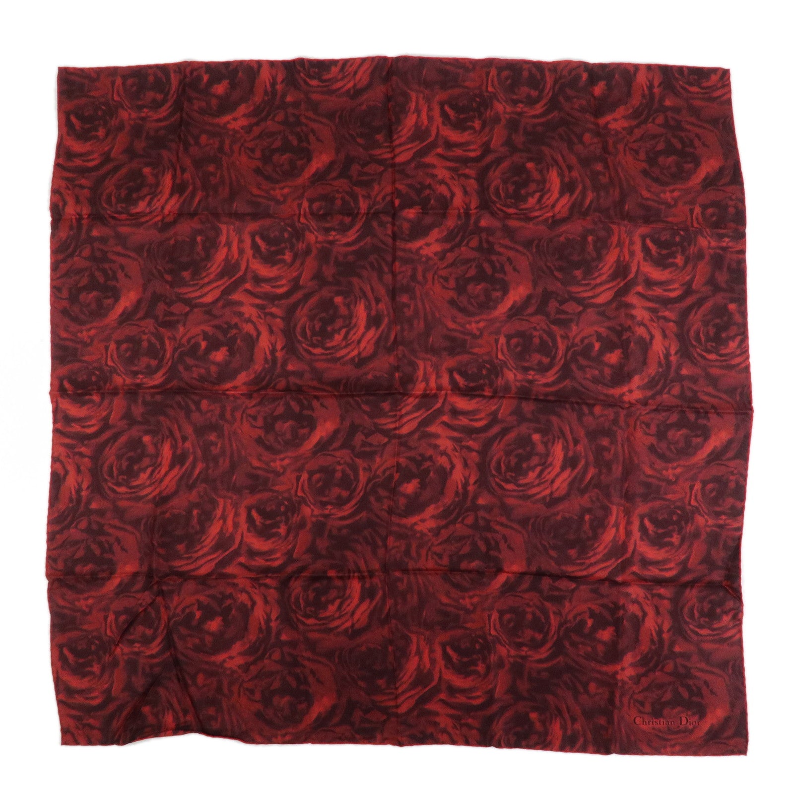 Christian Dior Logo Silk 100% Scarf Rose Motif Red Black