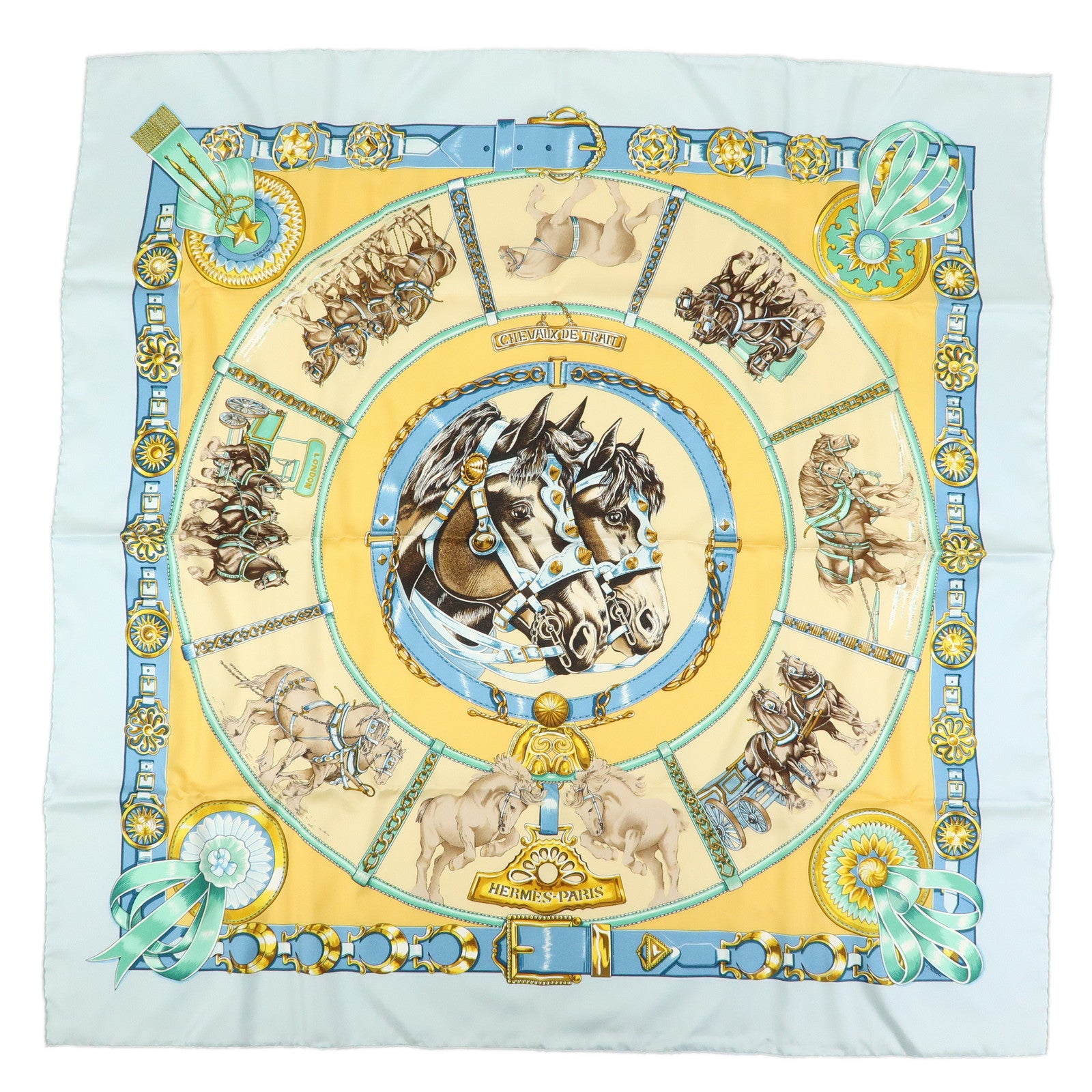 HERMES Carre 90 Silk 100% Scarf CHEVAUX DE TRAIT Light Blue Yellow