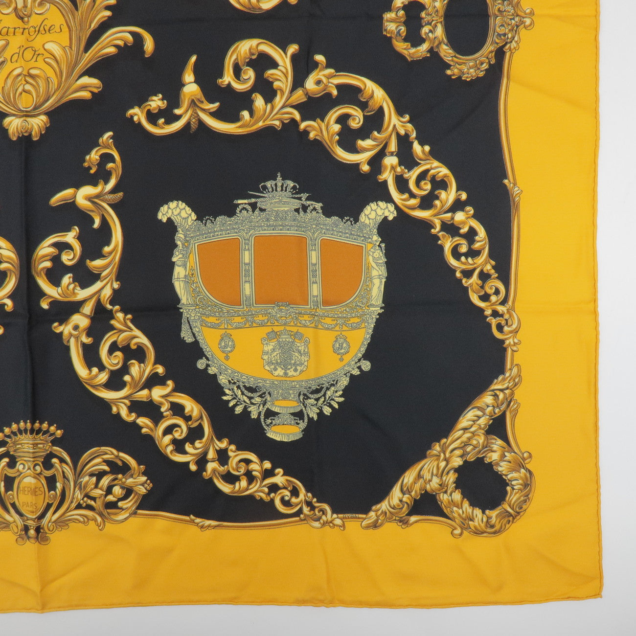 HERMES Carre 90 Silk 100% Scarf Carrosses d'Or Gold Black