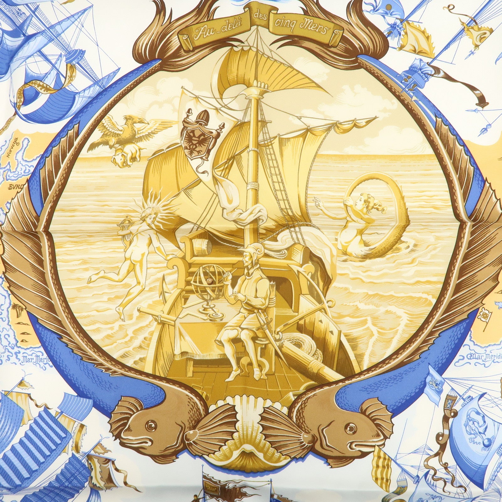 HERMES Carre 90 Silk 100% Scarf Au-dela des cinq mers Navy White