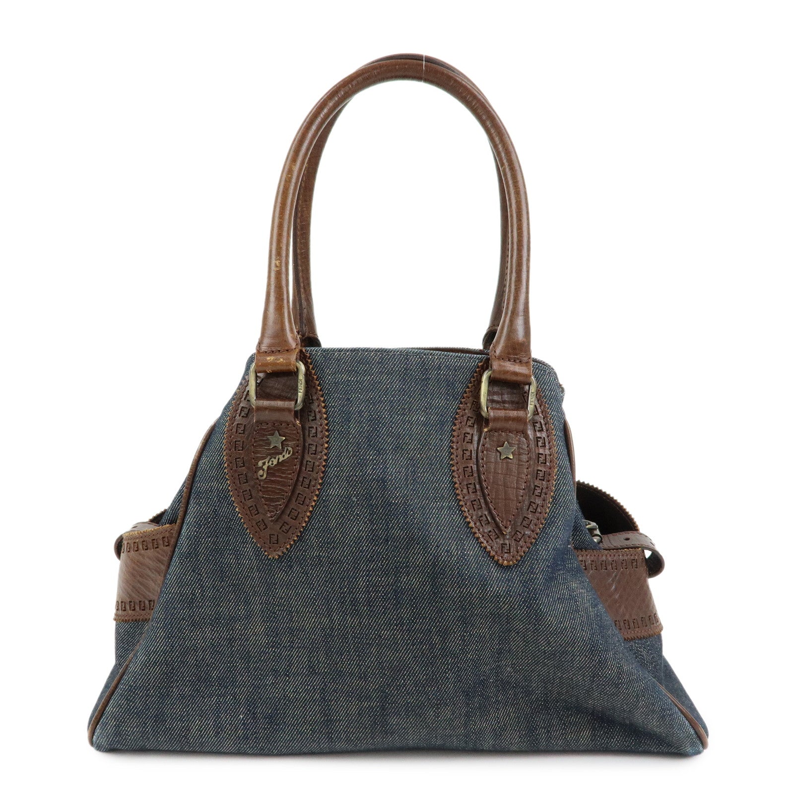 FENDI Etnico Denim Leather Tote Bag Shoulder Bag Blue Brown 8BN157