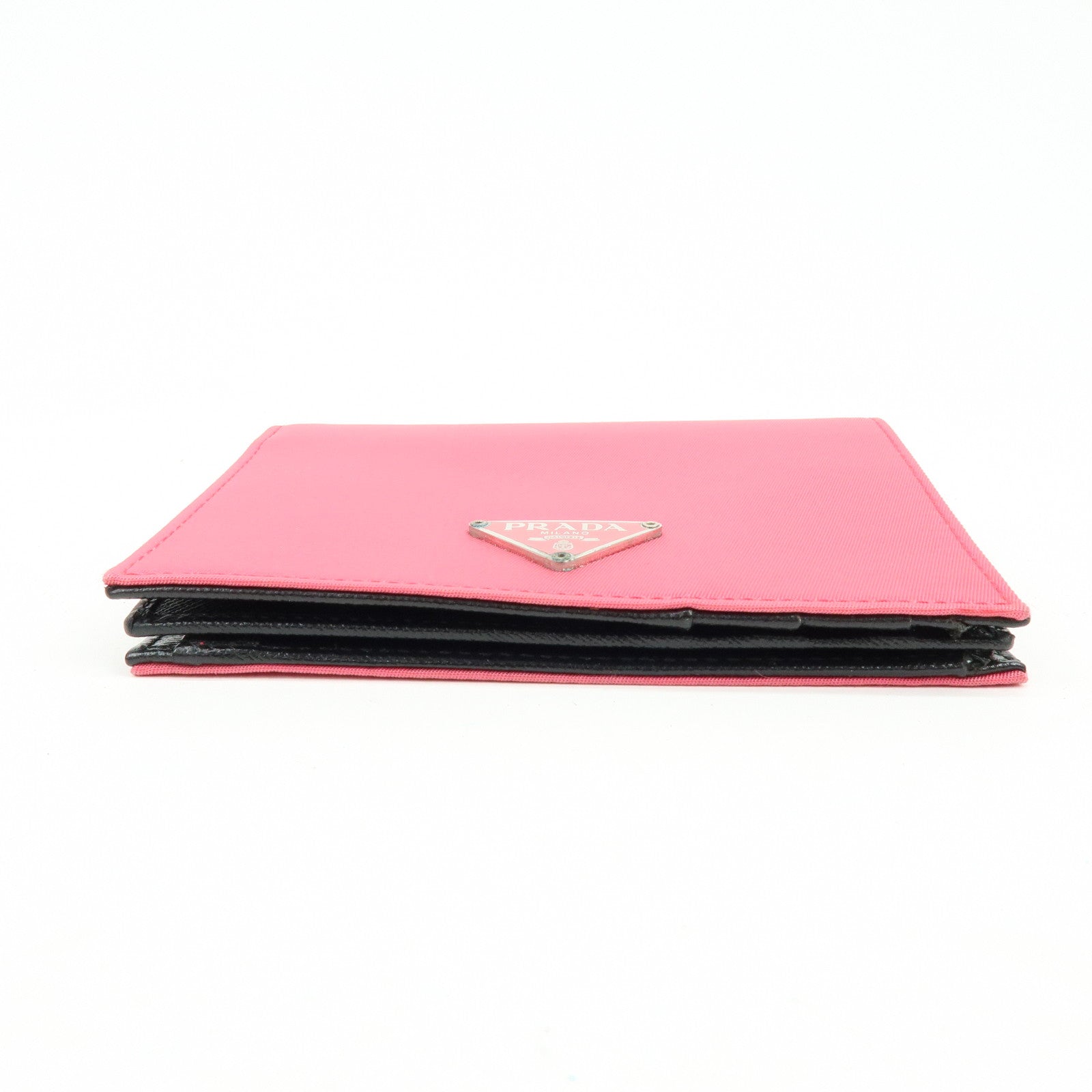 PRADA Triangle Logo Nylon Saffiano Leather Compact Wallet Pink M668