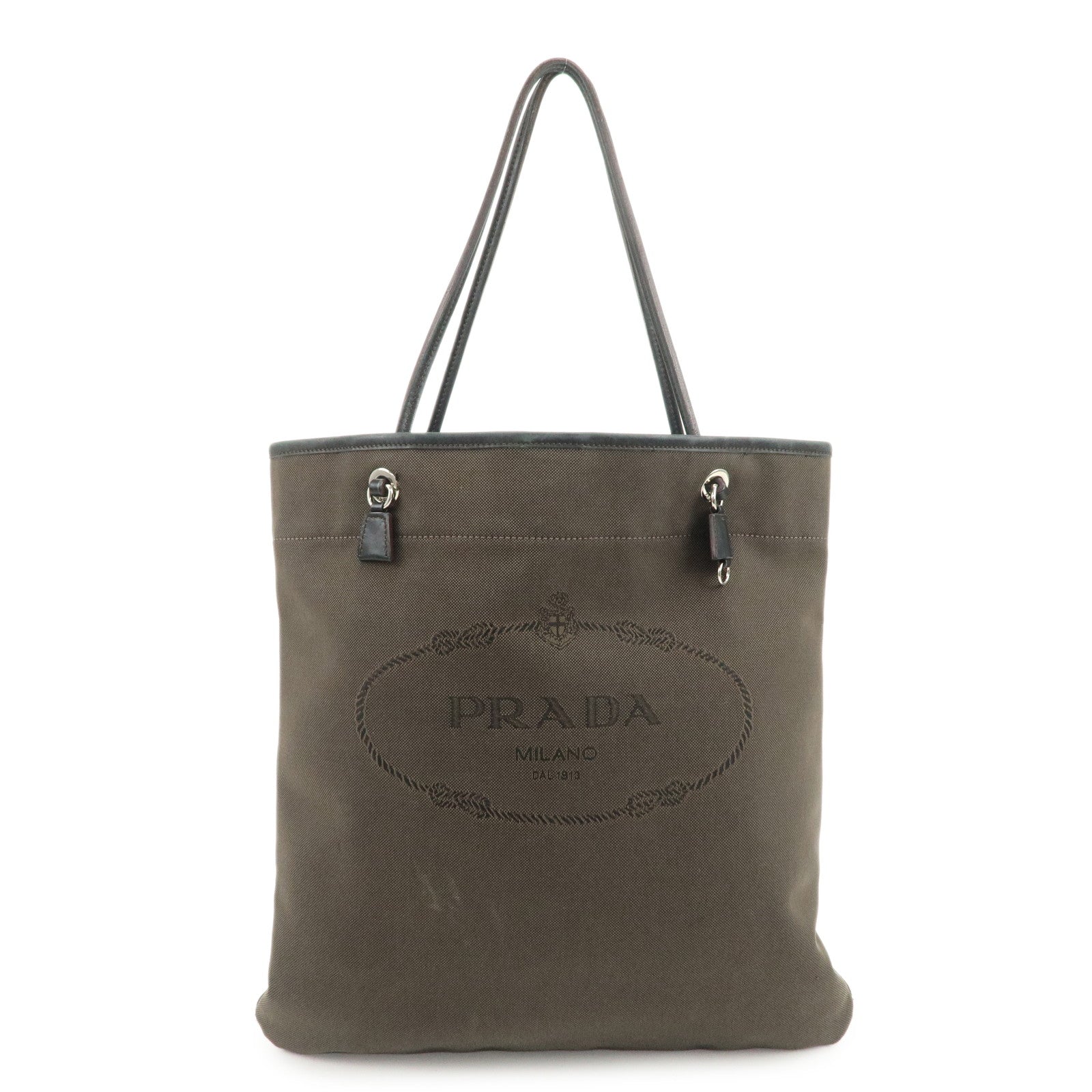 PRADA Logo Jacquard Leather Tote Bag Shoulder Bag Dark Brown