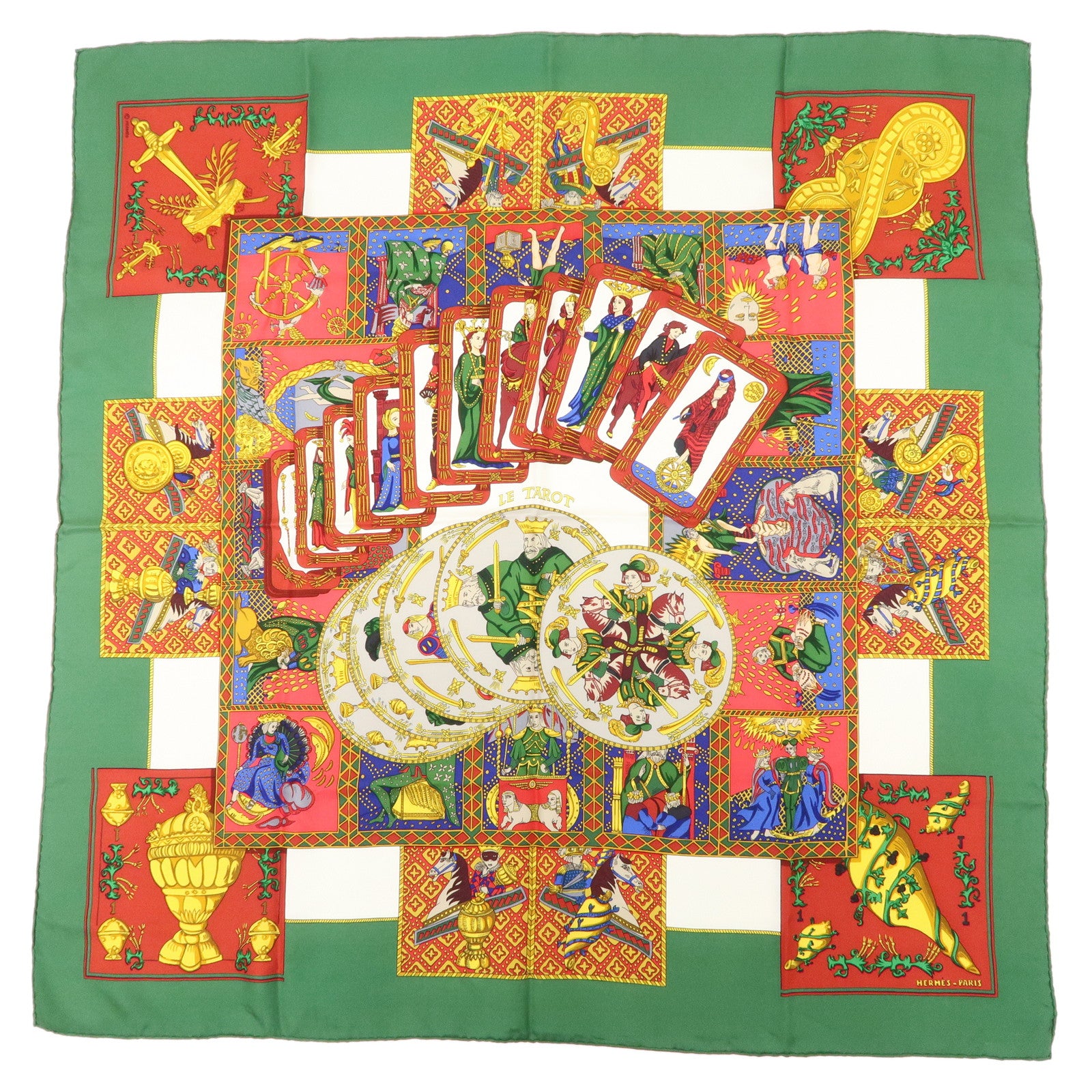 HERMES Carre 90 Silk 100% Scarf LE TAROT Green Multi Color